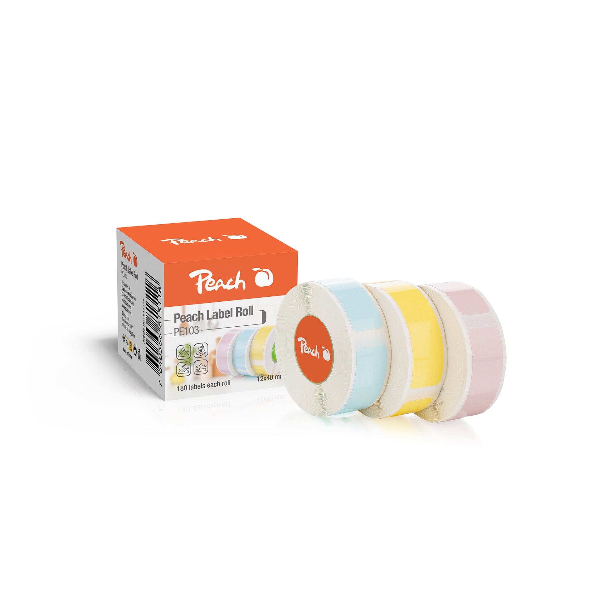 Peach Thermoetikettenband hellblau, hellgelb und pink | 12x40mm | 180 Etiketten pro Rolle | 3 Farben | PE103 - Bild 1