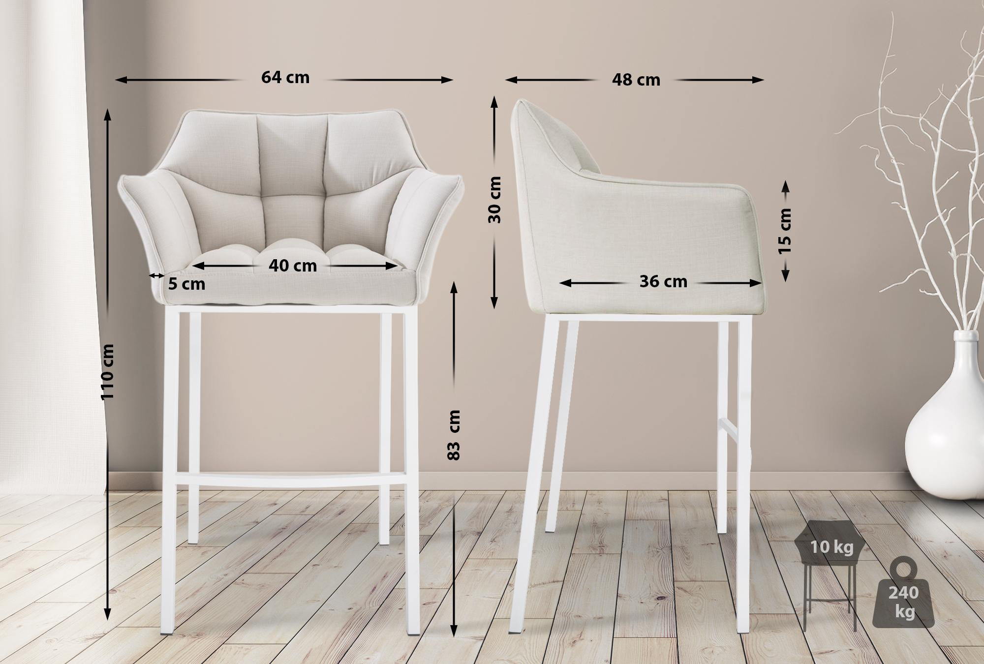 CLP Barhocker Damaso 2er Set - Höhenverstellbar & Drehbar Mit Rückenlehne | Elfenbein Stoff