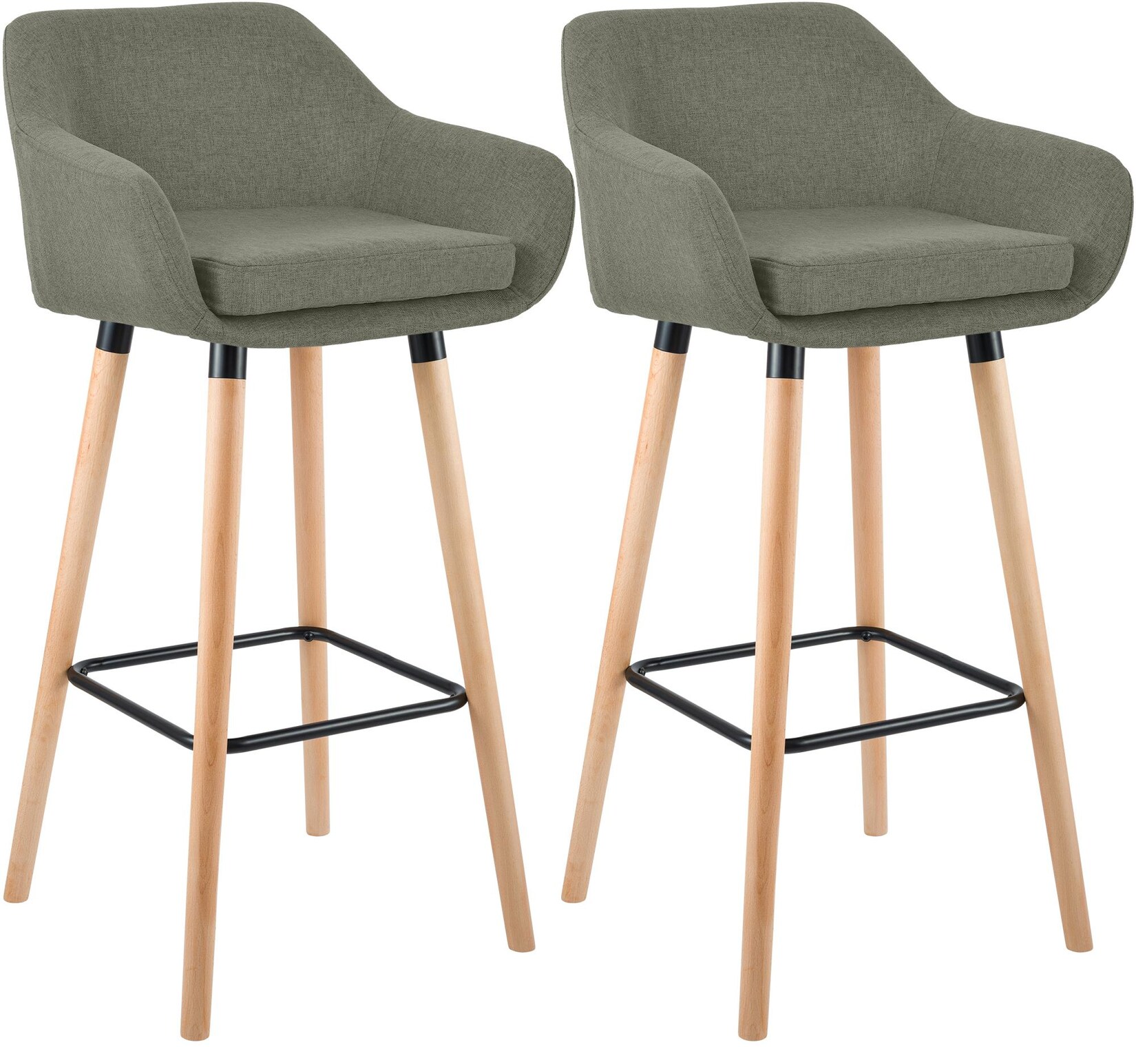 Barhocker 2er Set gepolstert mit Lehne Grant, Barstuhl mit Stoffbezug, Gestell aus Holz bis  belastbar