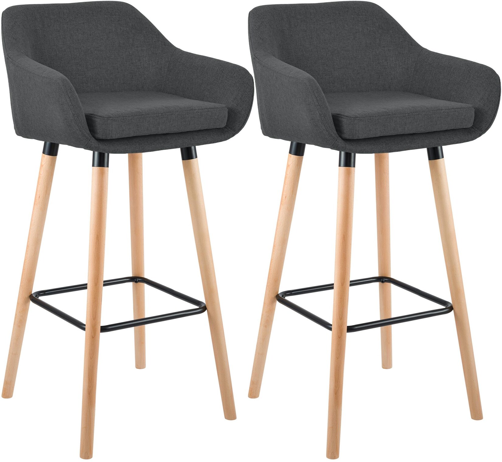 Barhocker 2er Set gepolstert mit Lehne Grant, Barstuhl mit Stoffbezug, Gestell aus Holz bis  belastbar