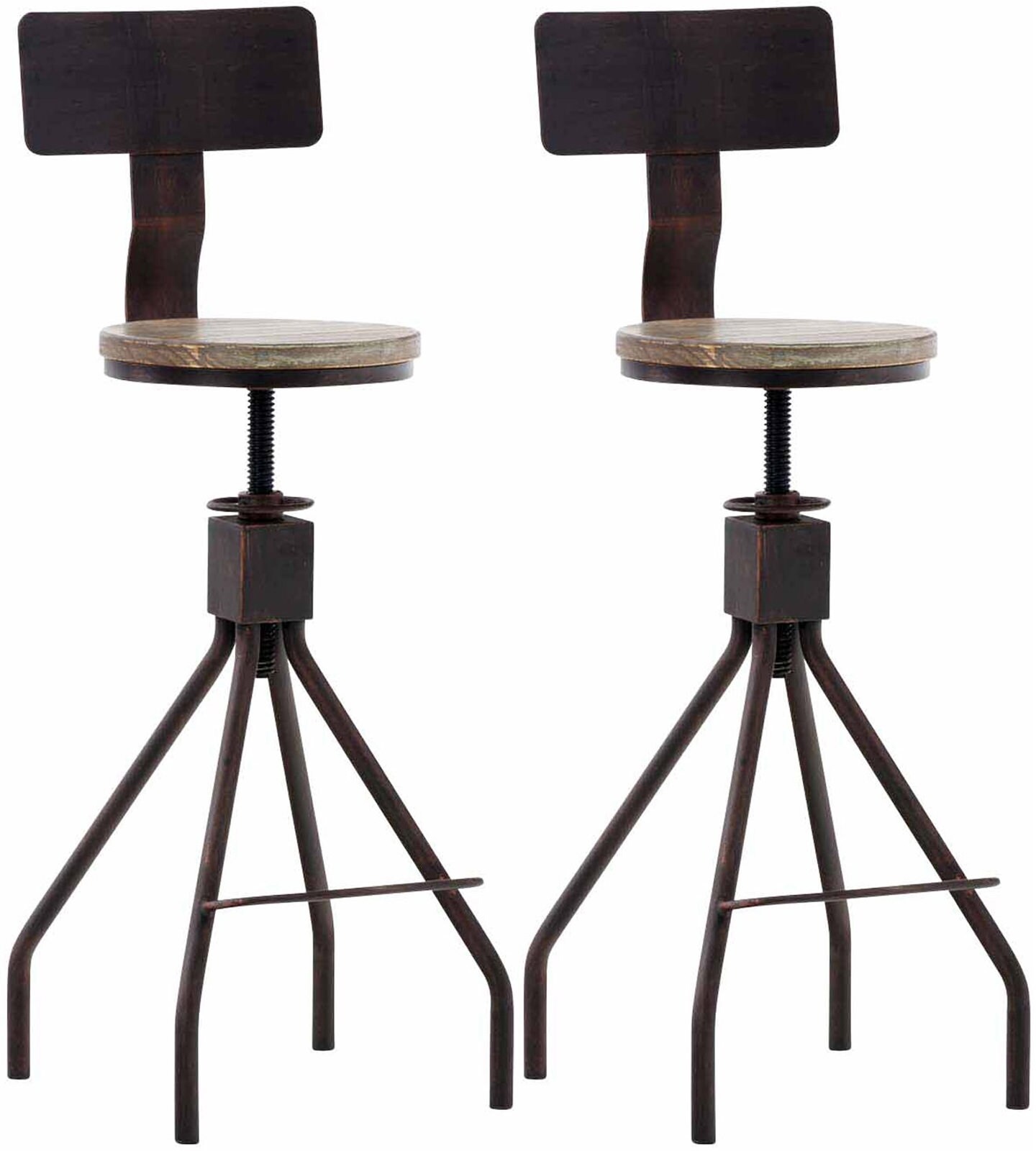 CLP 2er Set Barhocker Elko Im Industrial-Look I Höhenverstellbarer Thekenhocker Mit Holzsitz Und Rückenlehne I Metallhocker Mit Fußstütze | 04251756419318