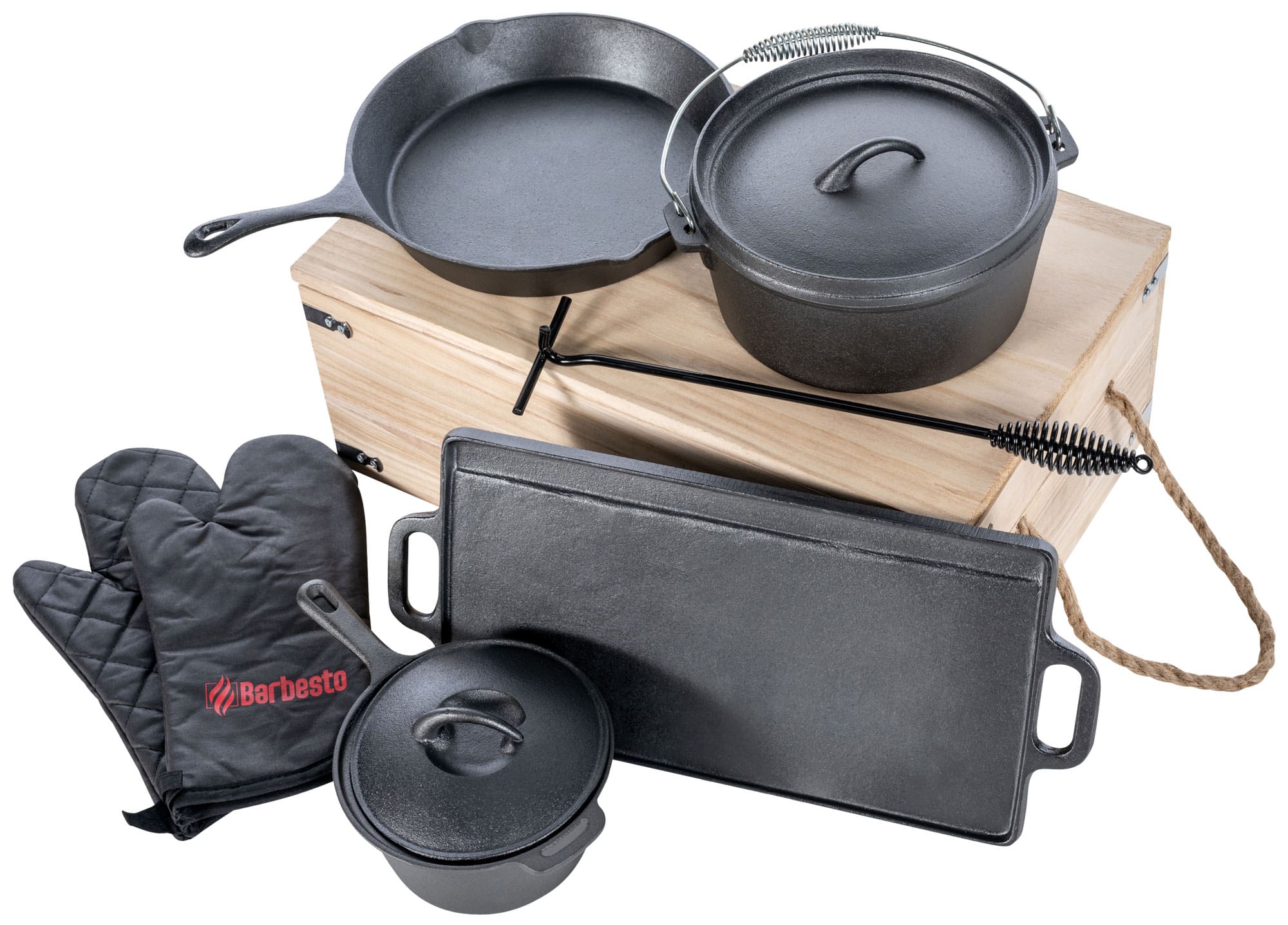 CLP Dutch Oven Set 8-Teilig Gusseisen I Mit Kocht&ouml;pfen, Pfanne, Grillplatte & Zubeh&ouml;r - Bild 1