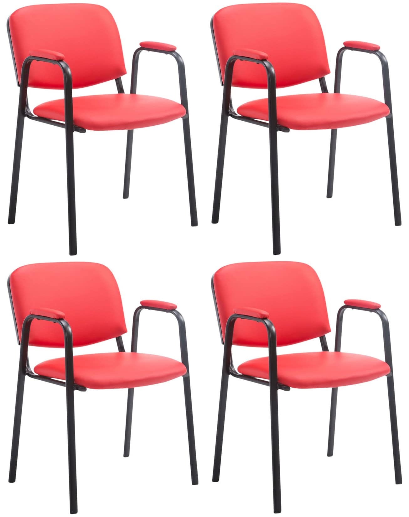 CLP Stapelstuhl 4er Set mit Armlehnen gepolstert Ken Pro, Konferenzstühle Kunstleder stapelbar, Metallgestelle schwarz stabil bis 150 kg