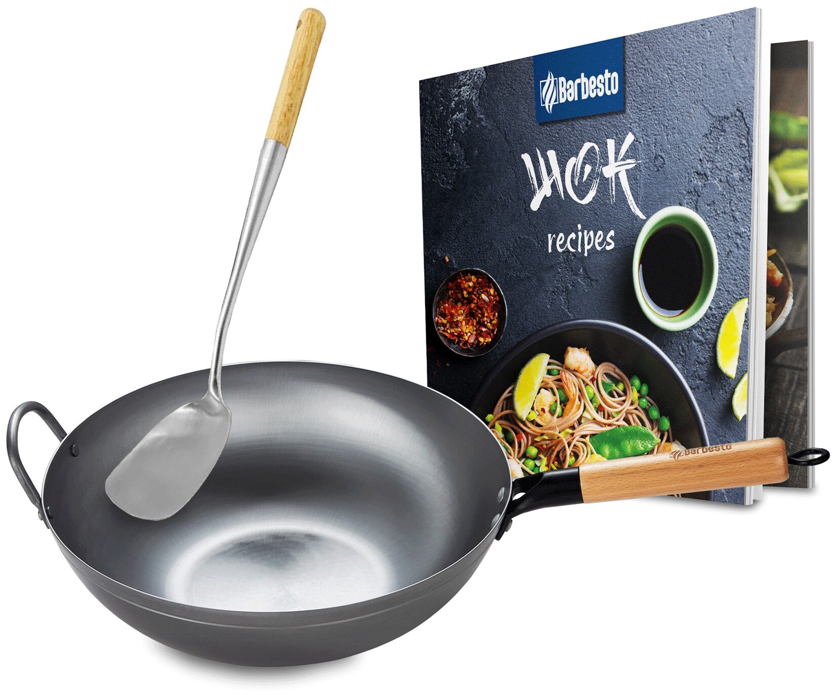 CLP Wok-Set aus Karbonstahl I Flacher oder runder Boden für Gas, Induktion und Grill I Wokpfanne mit Holzgriff, Rezeptbuch & Wokwender