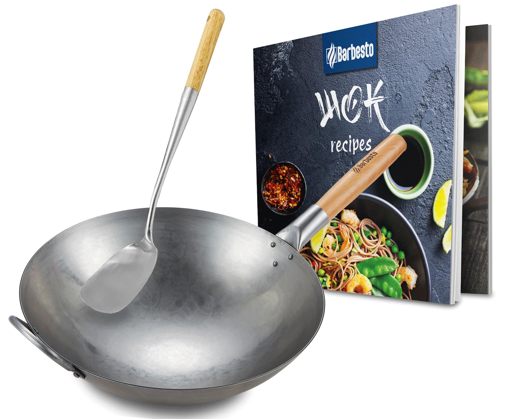 CLP Wok-Set aus Karbonstahl I Flacher oder runder Boden f&uuml;r Gas, Induktion und Grill I Wokpfanne mit Holzgriff, Rezeptbuch & Wokwender - Bild 1