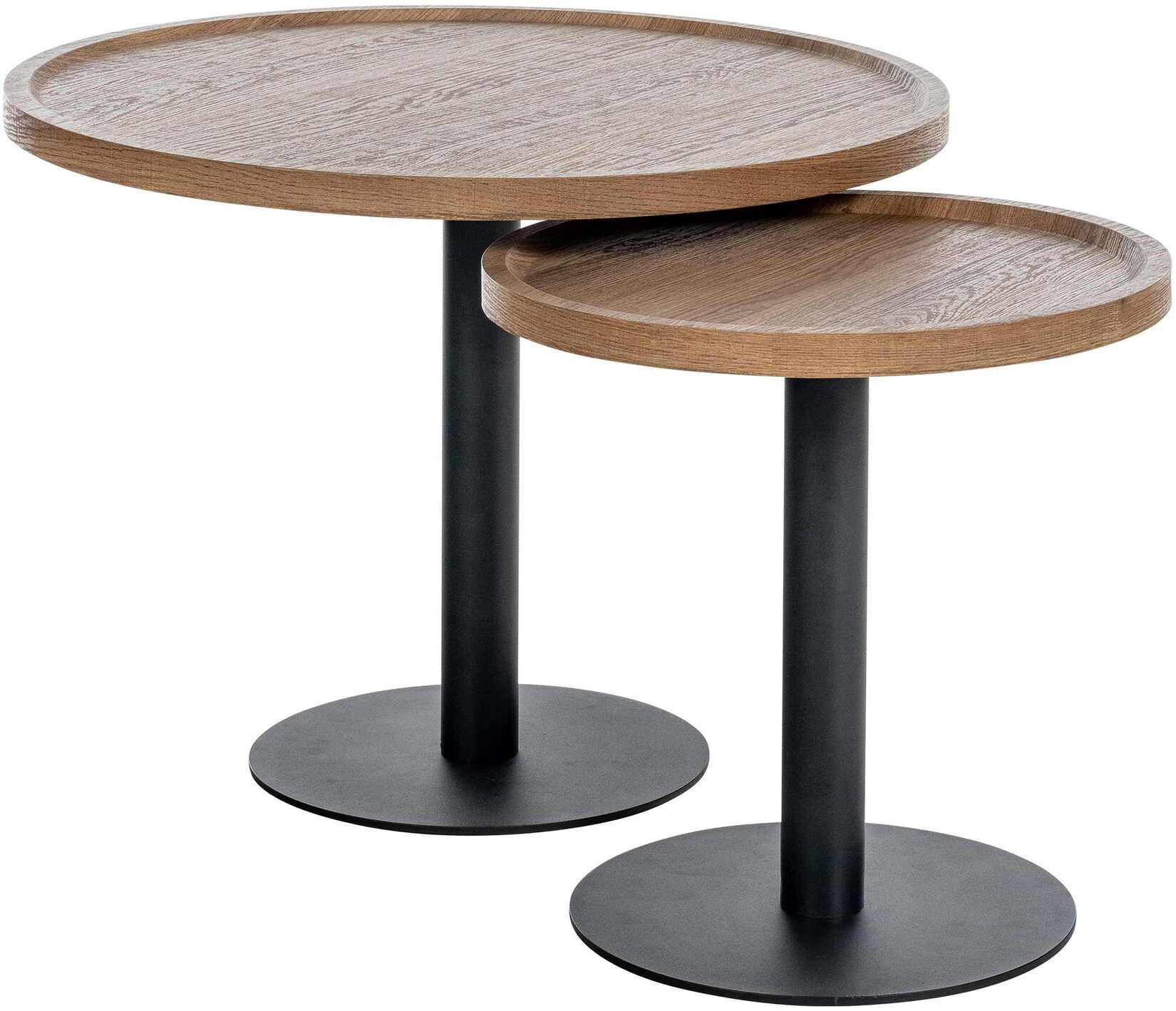CLP 2er Set Beistelltische Aspen I 2 Couchtische mit runder Tischplatte aus Holz I Wohnzimmertische mit matt-schwarzem Metallgestell