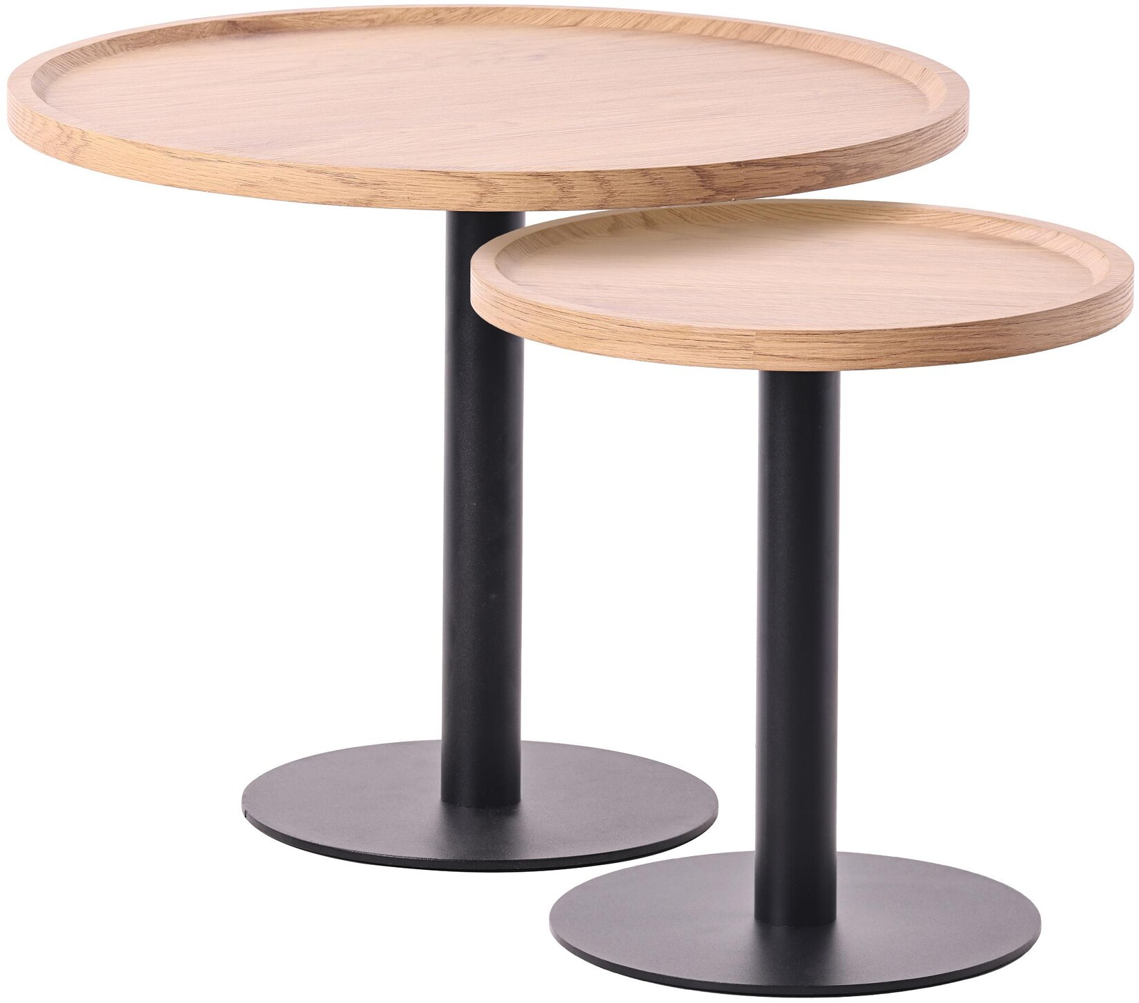 CLP 2er Set Beistelltische Aspen I 2 Couchtische mit runder Tischplatte aus Holz I Wohnzimmertische mit matt-schwarzem Metallgestell
