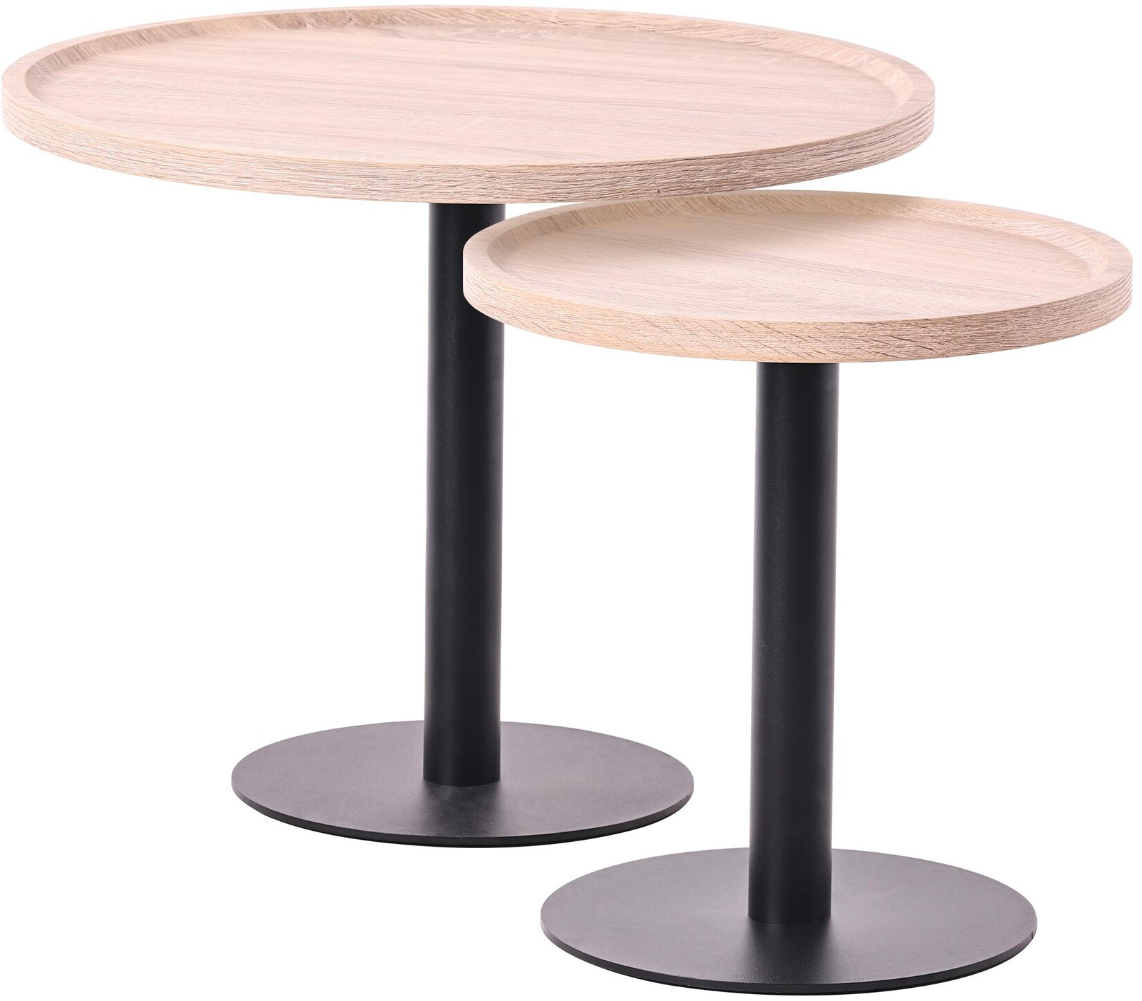 CLP 2er Set Beistelltische Aspen I 2 Couchtische mit runder Tischplatte aus Holz I Wohnzimmertische mit matt-schwarzem Metallgestell