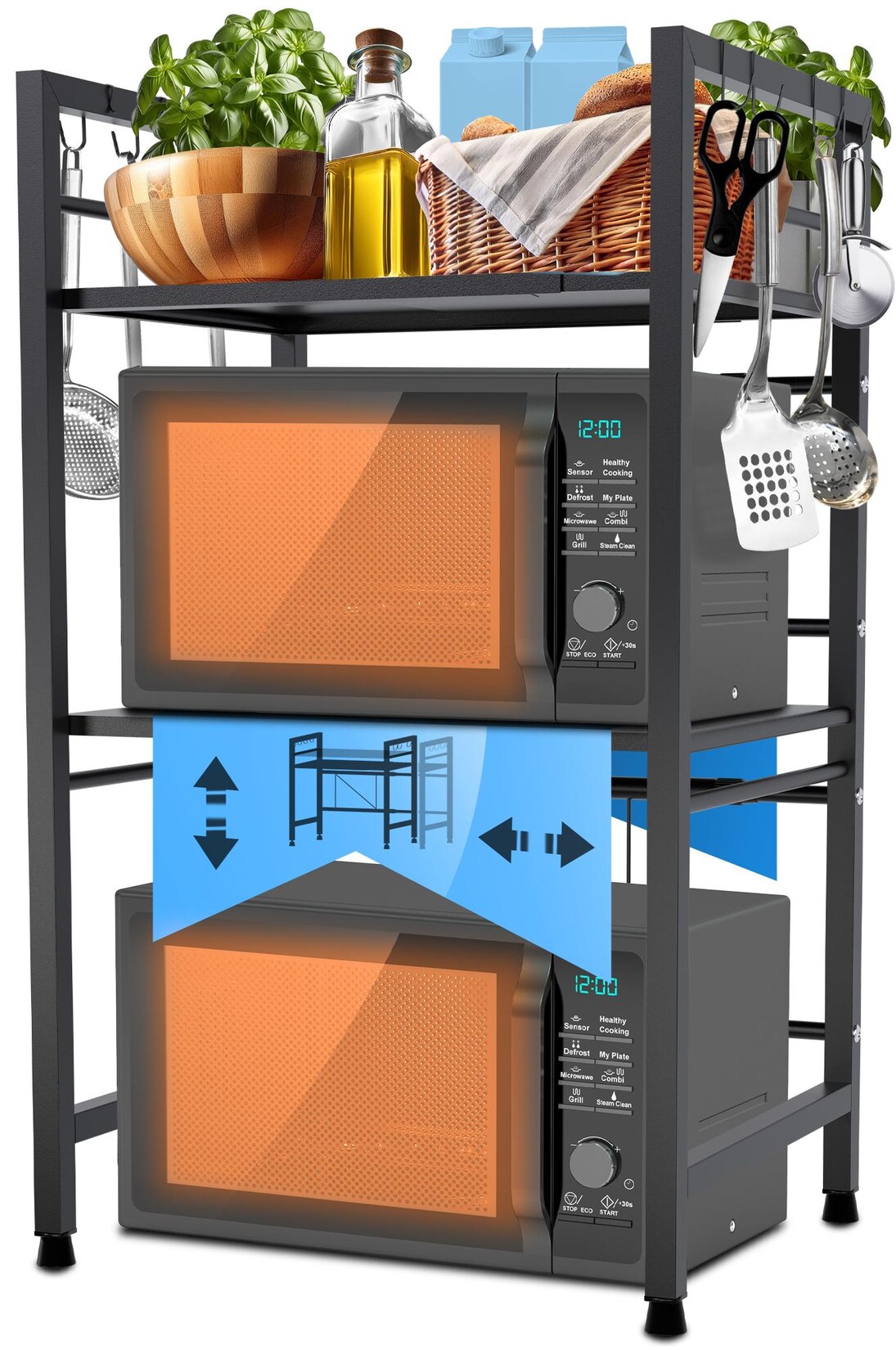 CLP Mikrowellenregal Marana stehend stufig I Variabel in Breite I Ideal für die Arbeitsplatte in der Küche I Mit 8 Haken und Ausziehbar | 04255716324391