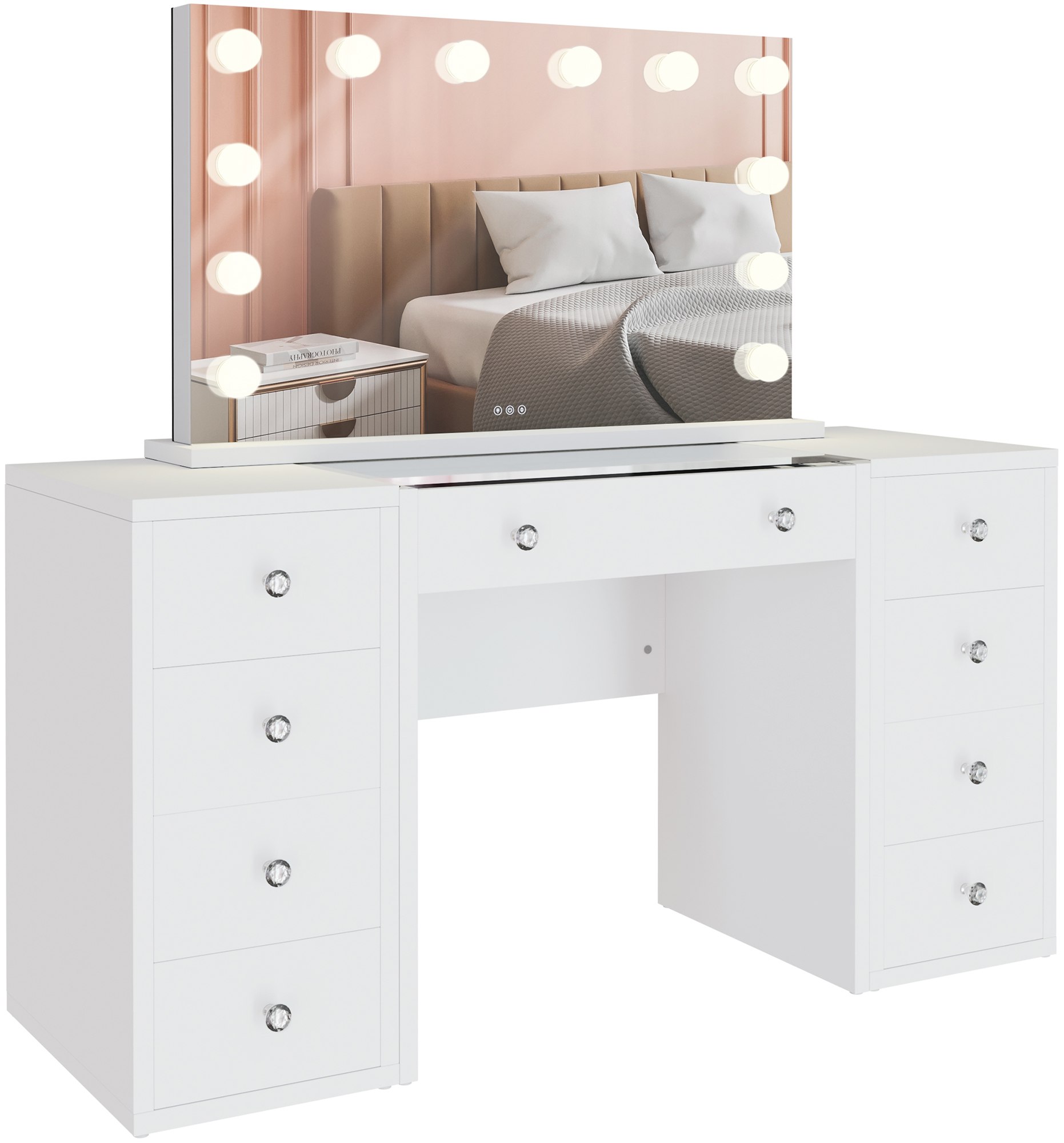 CLP Schminktisch mit Beleuchtung und Spiegel. Glasplatte, LED und USB-Anschluss. Hollywood Schminkspiegel dimmbar. Kosmetiktisch wei&szlig; Tiline - Bild 1