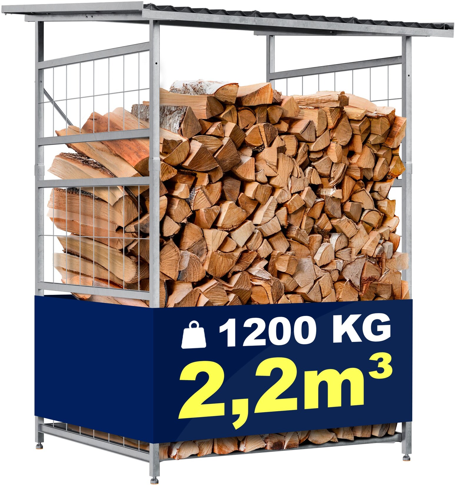 CLP Brennholzregal Macon, wetterfest mit Dach frei wählbarer Neigung, feuerverzinkter Stahl für 2,2m³ oder 4,4m³ Kaminholz, Holzlager | 04255716348915