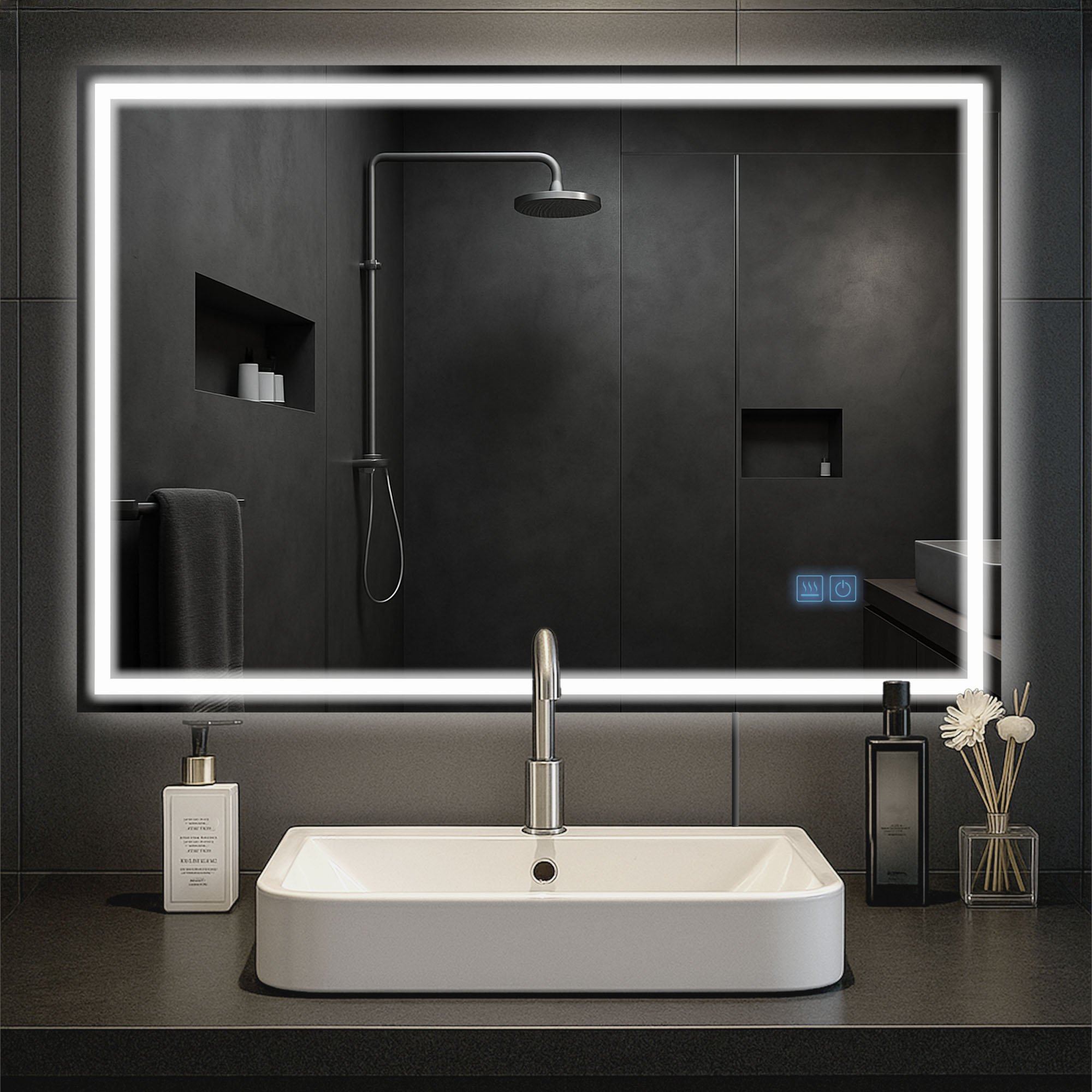 CLP Badspiegel Jaffrey mit Beleuchtung, Bluetooth-Lautsprecher, Anti-Beschlag, Wandspiegel Quer- und Hochformat, LED dimmbar, 3 Licht-Modi - Bild 1