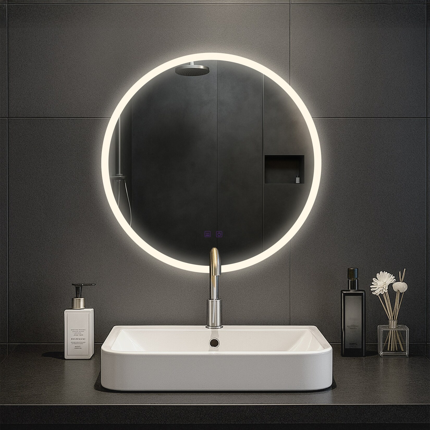 CLP Badspiegel Laconia mit Beleuchtung, Bluetooth-Lautsprecher, Anti-Beschlag Badezimmerspiegel, runder Wandspiegel LED dimmbar, 3 Licht-Modi | 04255716358075