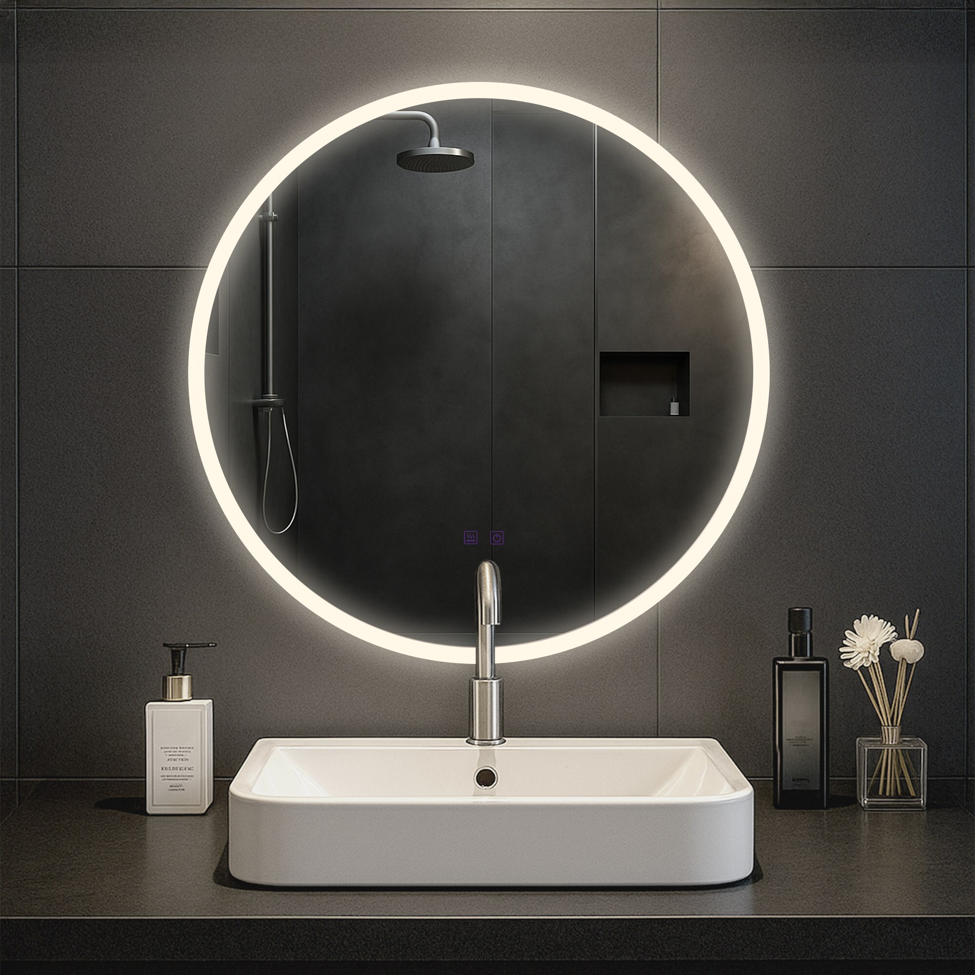 CLP Badspiegel Laconia mit Beleuchtung, Bluetooth-Lautsprecher, Anti-Beschlag Badezimmerspiegel, runder Wandspiegel LED dimmbar, 3 Licht-Modi - Bild 1