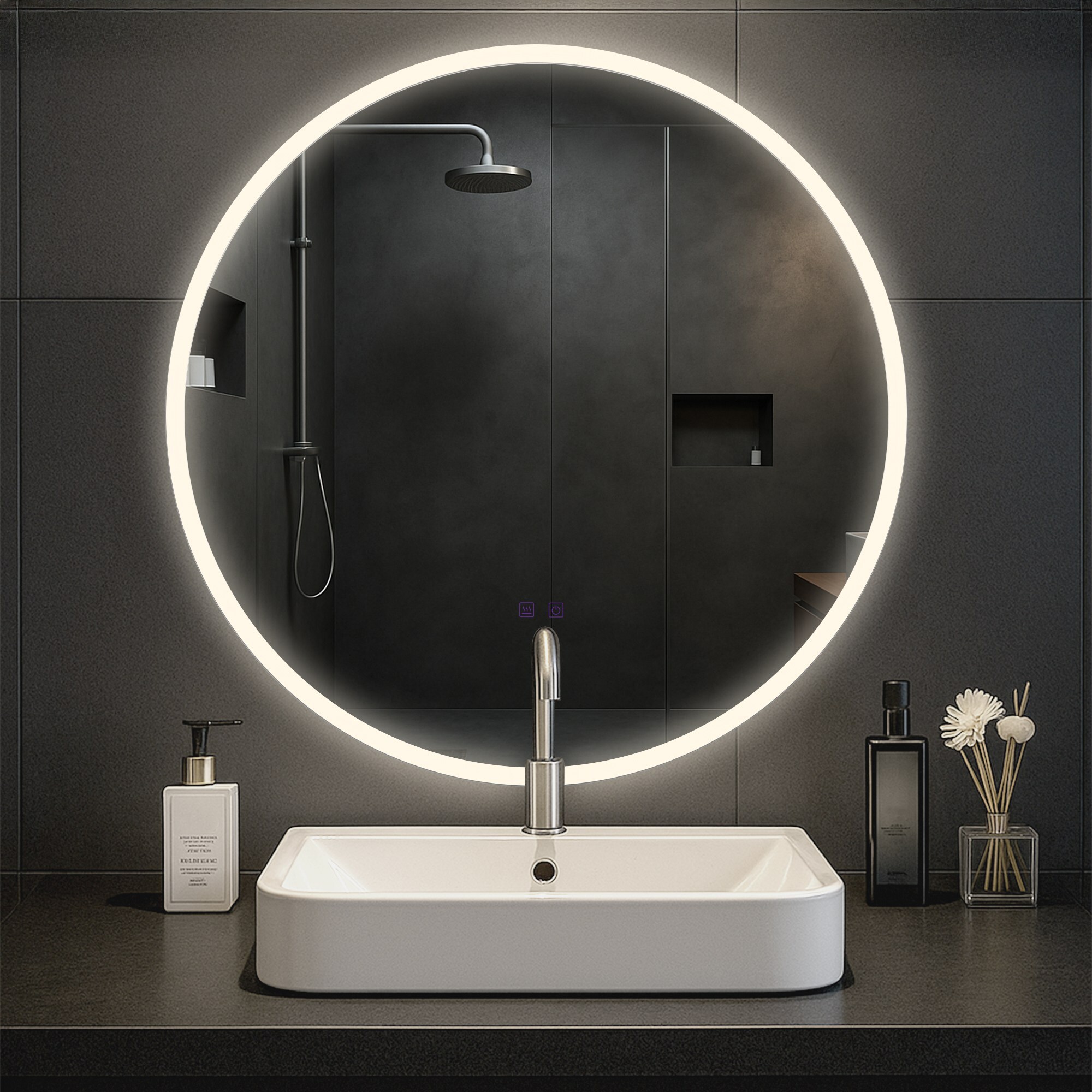 CLP Badspiegel Laconia mit Beleuchtung, Bluetooth-Lautsprecher, Anti-Beschlag Badezimmerspiegel, runder Wandspiegel LED dimmbar, 3 Licht-Modi - Bild 1