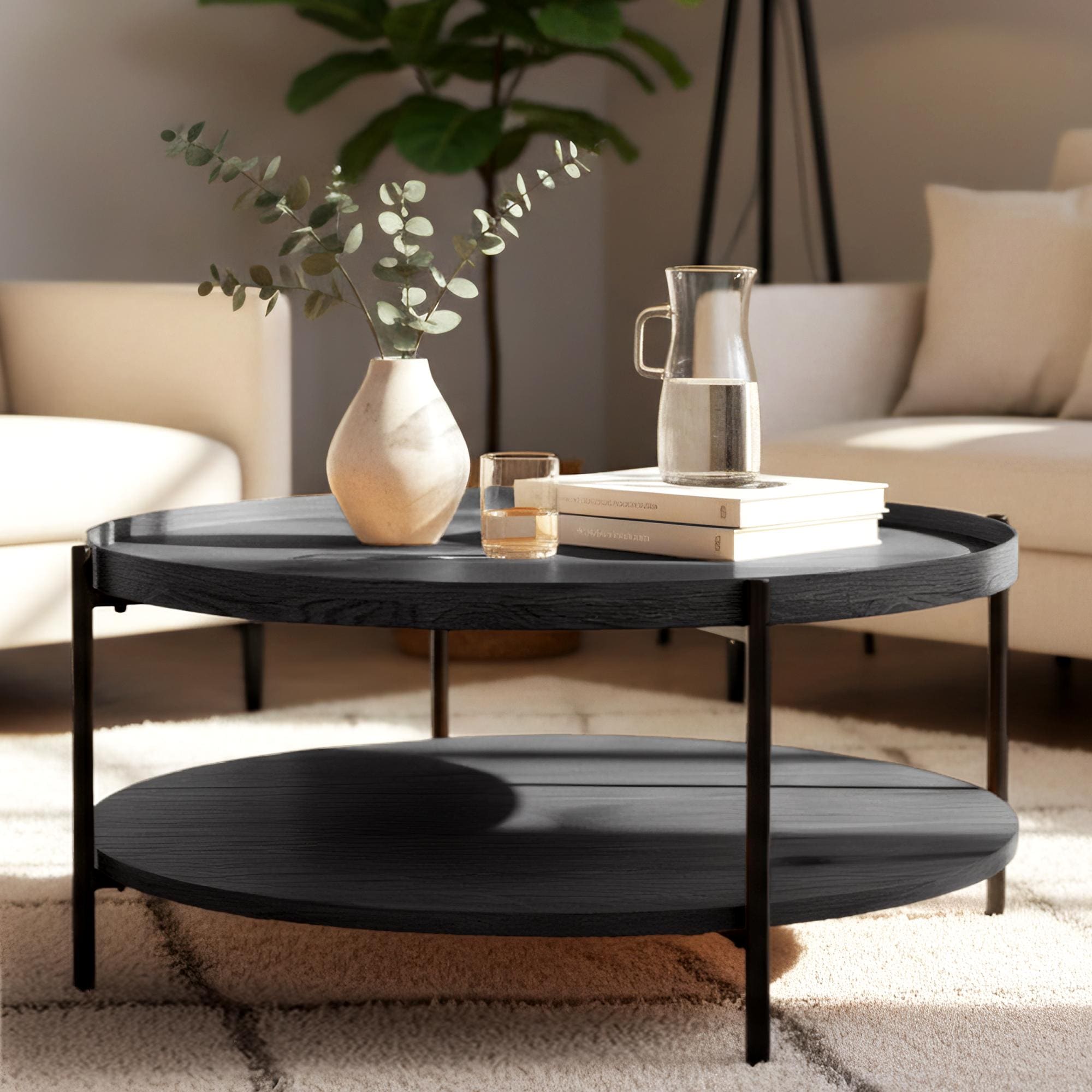 CLP Couchtisch rund Holz Corbitan, Sofatisch 2 Ebenen mit Stauraum, Beistelltisch klein Metallgestell schwarz - Bild 1