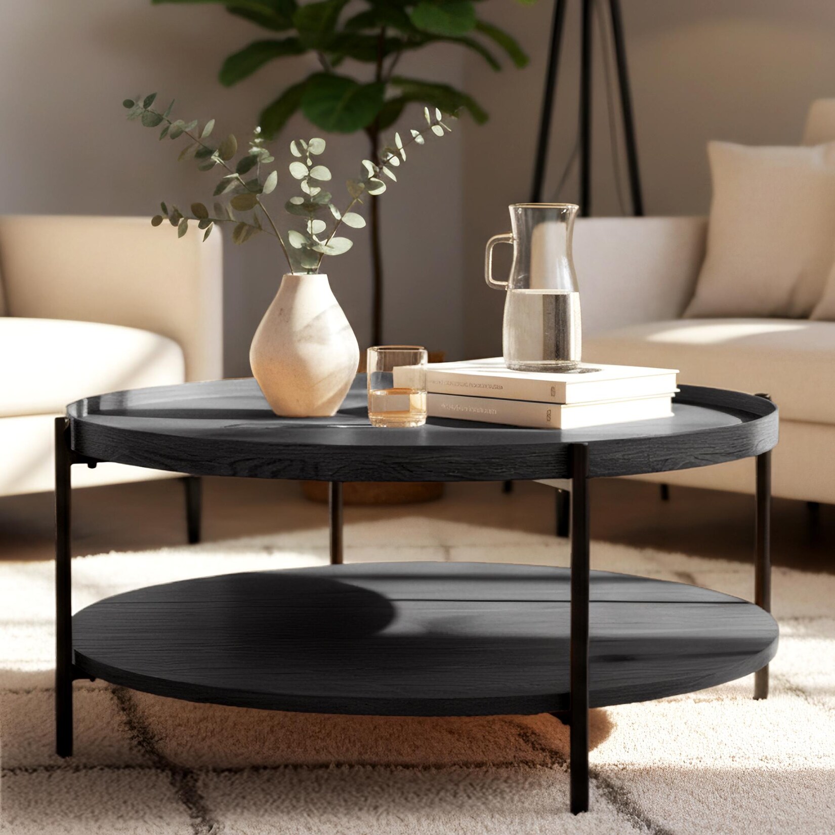 CLP Couchtisch rund Holz Corbitan, Sofatisch 2 Ebenen mit Stauraum, Beistelltisch klein Metallgestell schwarz