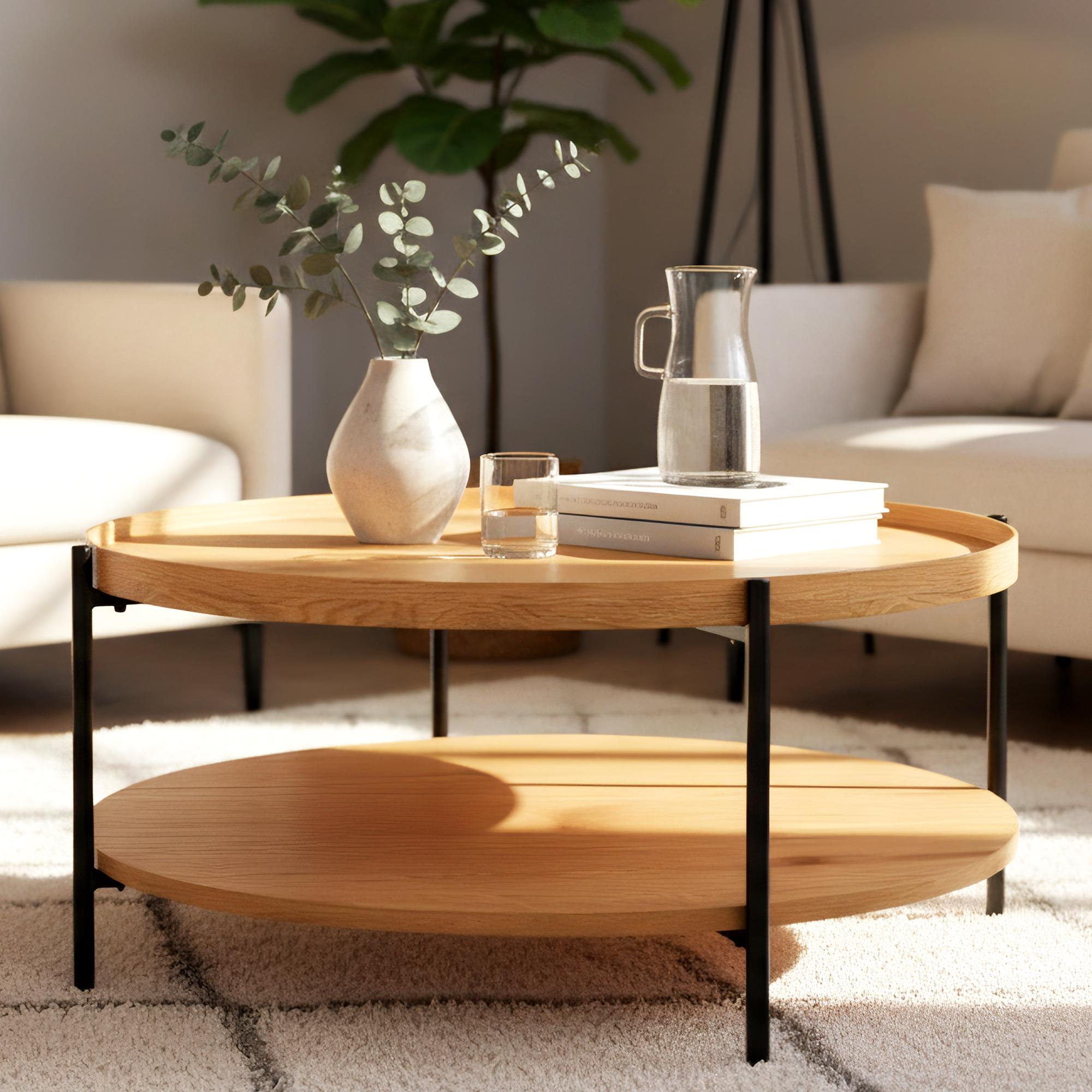 CLP Couchtisch rund Holz Corbitan, Sofatisch 2 Ebenen mit Stauraum, Beistelltisch klein Metallgestell schwarz - Bild 1