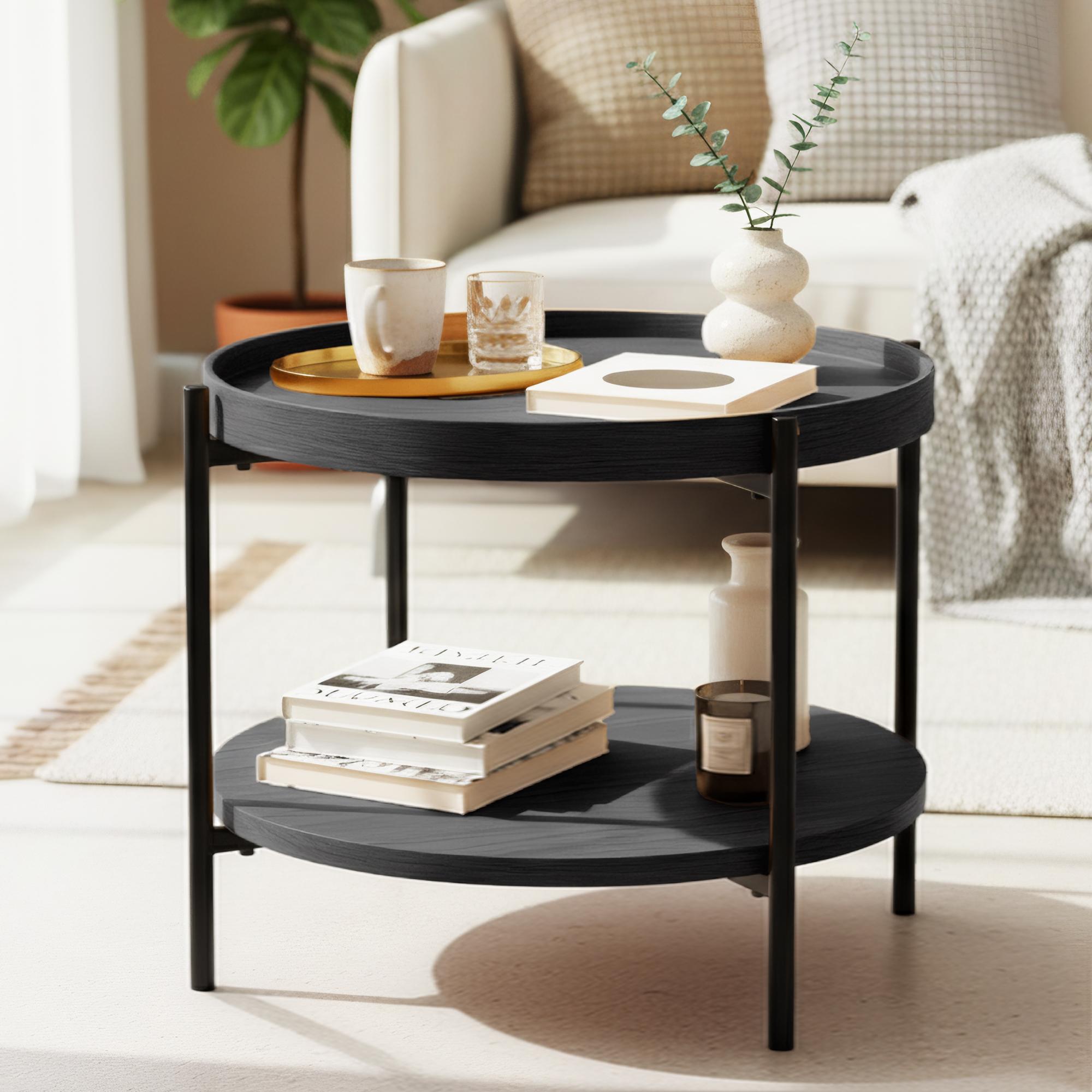 CLP Couchtisch rund Holz Corbitan, Sofatisch 2 Ebenen mit Stauraum, Beistelltisch klein Metallgestell schwarz - Bild 1