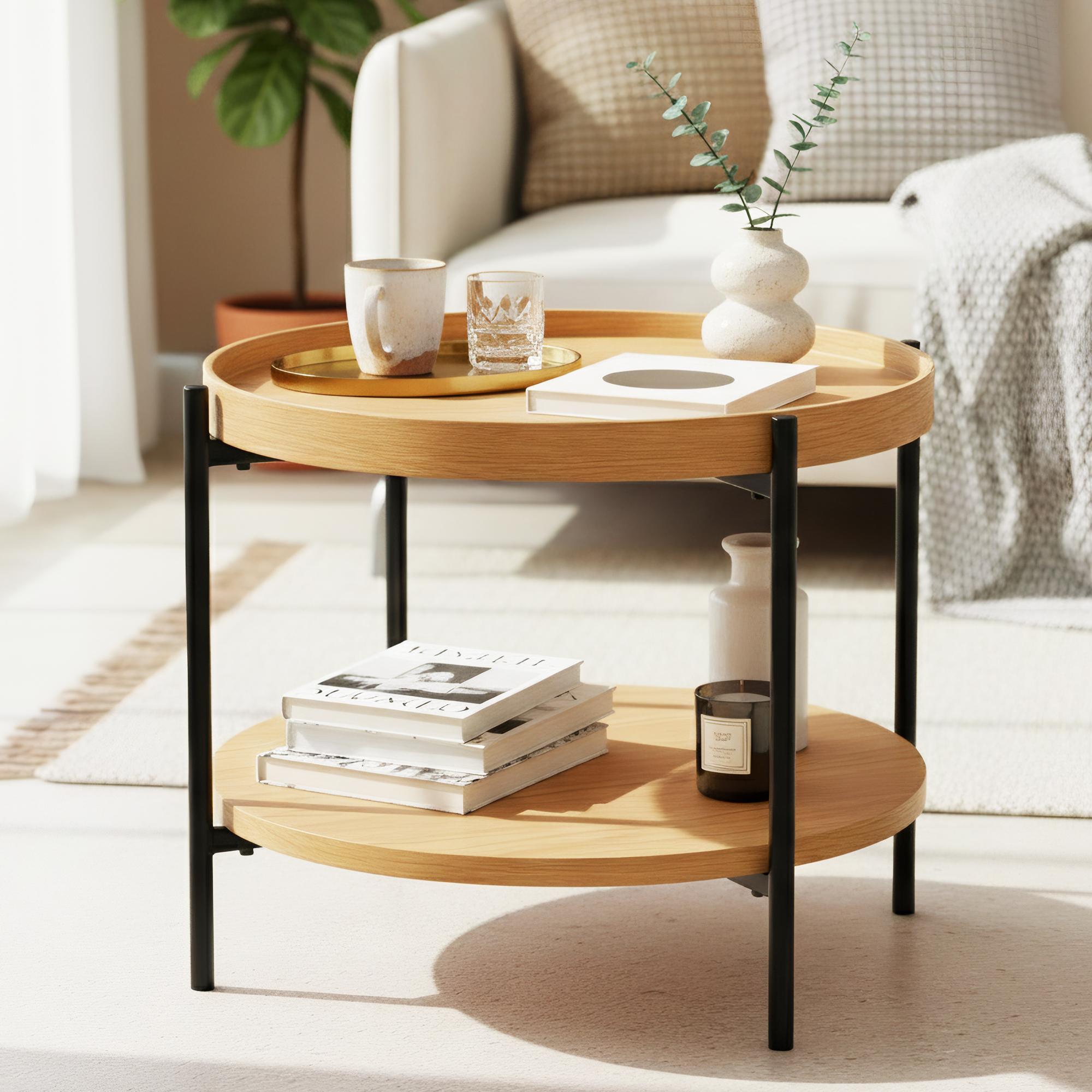 CLP Couchtisch rund Holz Corbitan, Sofatisch 2 Ebenen mit Stauraum, Beistelltisch klein Metallgestell schwarz - Bild 1