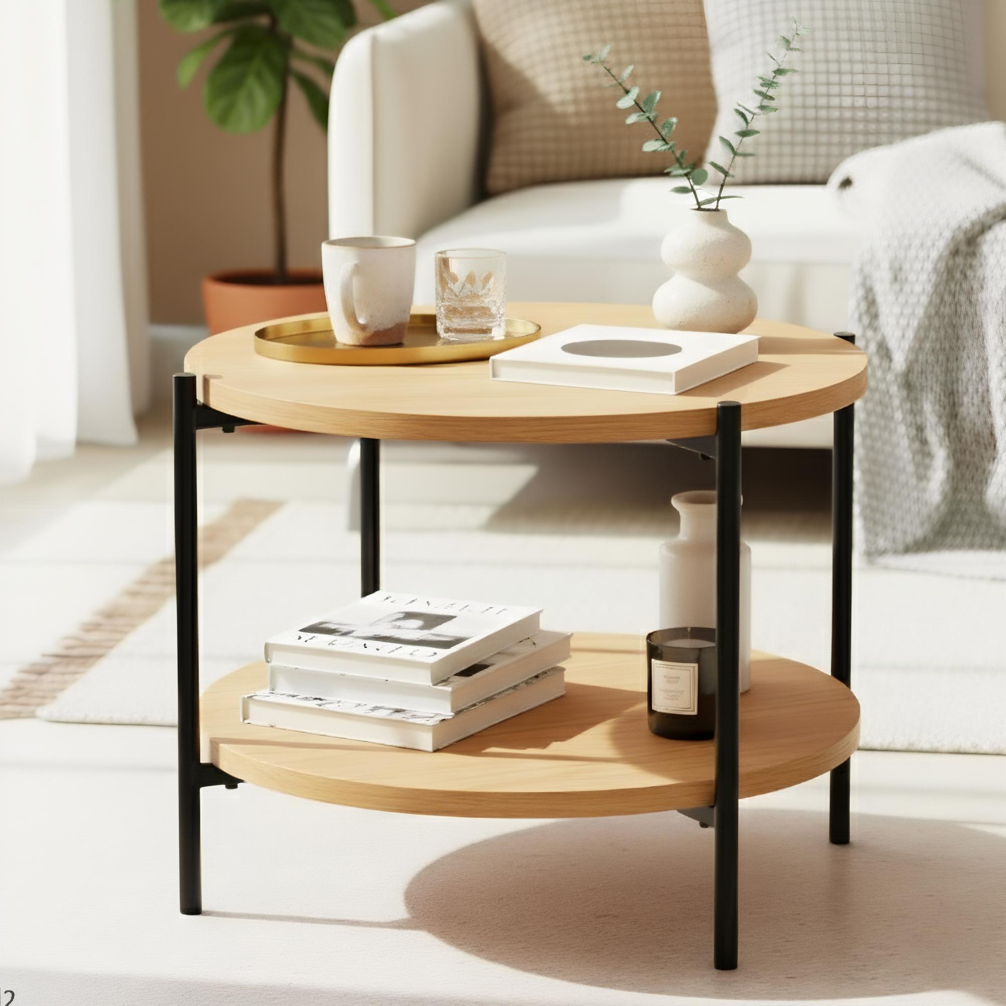 CLP Couchtisch rund Holz Edduma, Sofatisch 2 Ebenen mit Stauraum, Beistelltisch klein Metallgestell schwarz - Bild 1