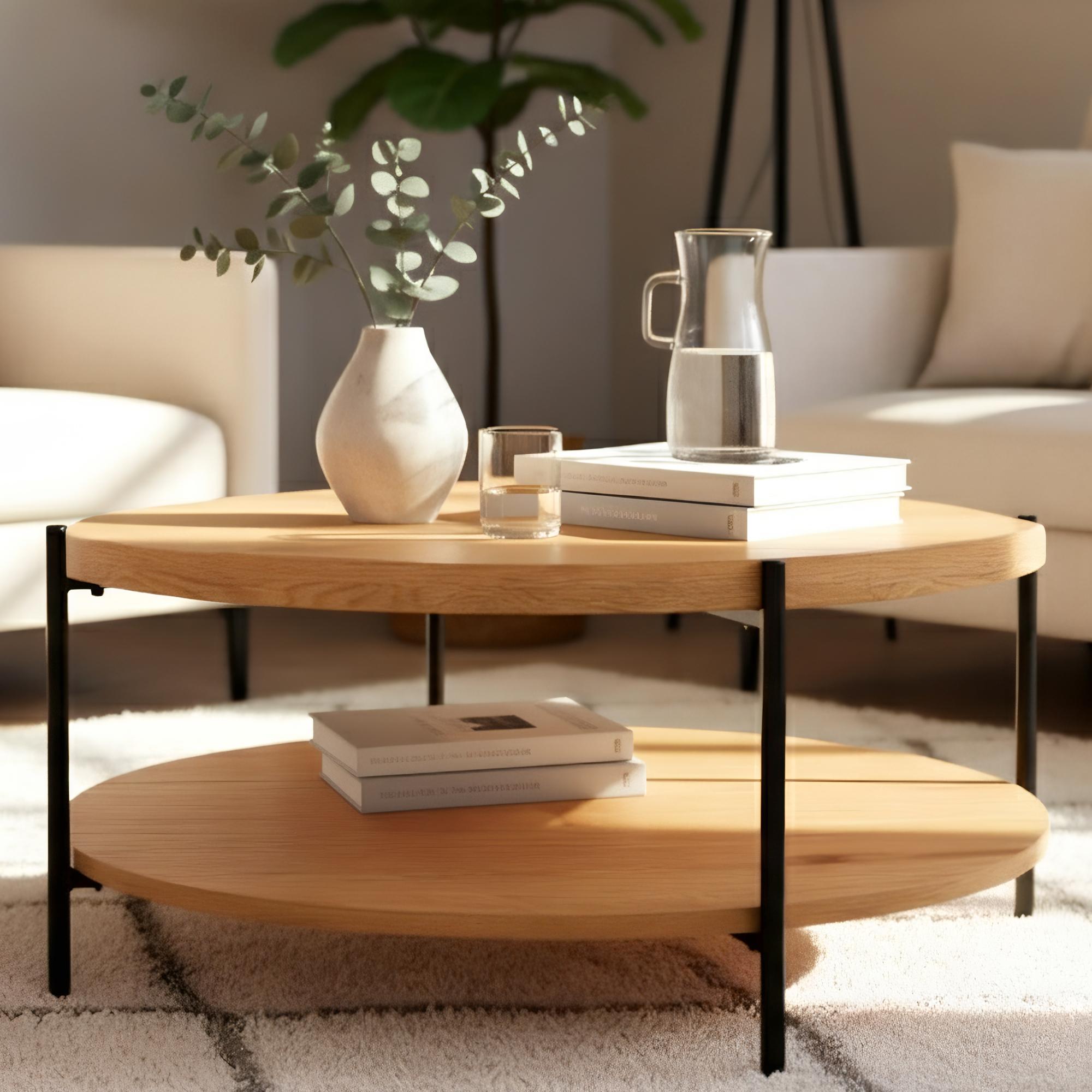 CLP Couchtisch rund Holz Edduma, Sofatisch 2 Ebenen mit Stauraum, Beistelltisch klein Metallgestell schwarz - Bild 1