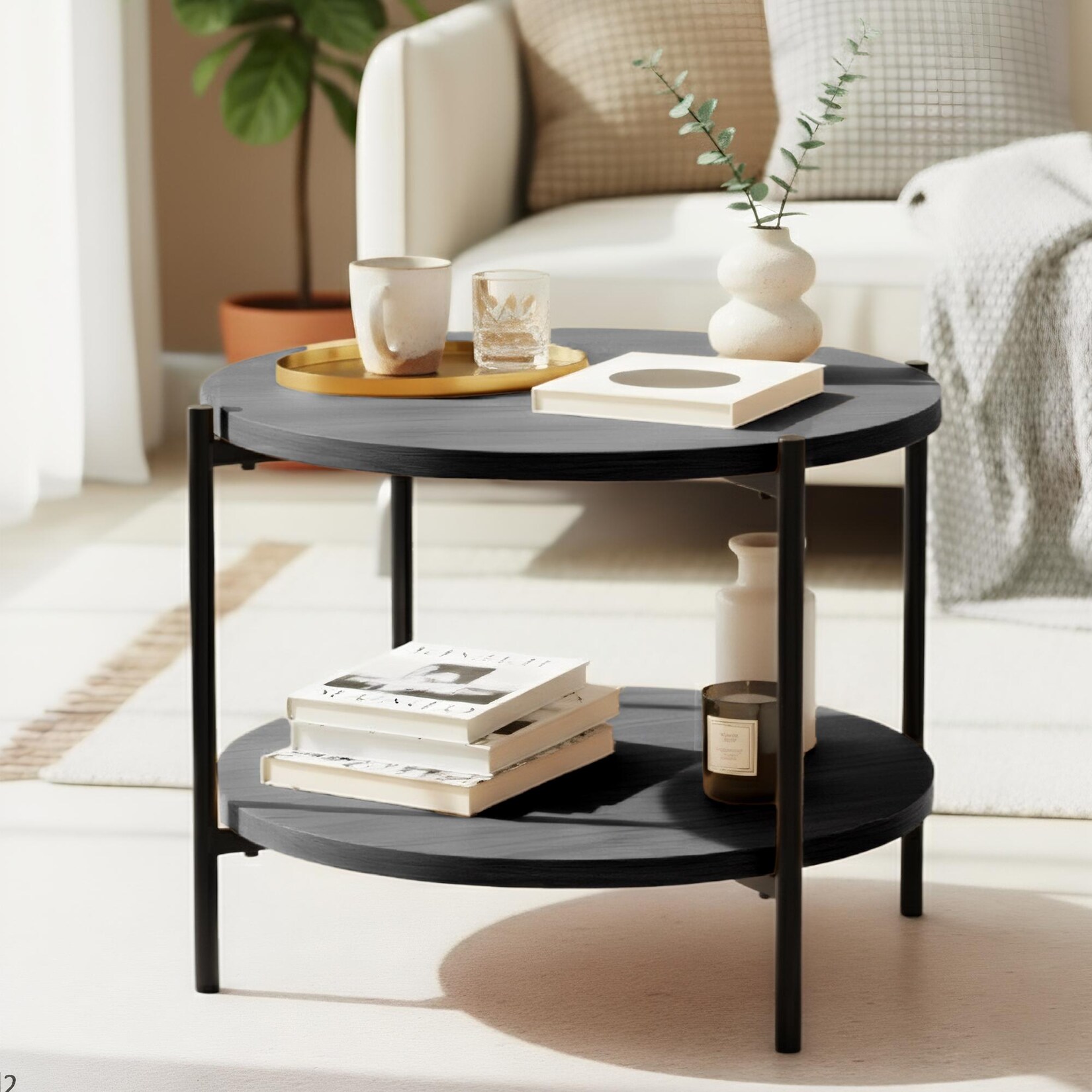 CLP Couchtisch rund Holz Edduma, Sofatisch 2 Ebenen mit Stauraum, Beistelltisch klein Metallgestell schwarz