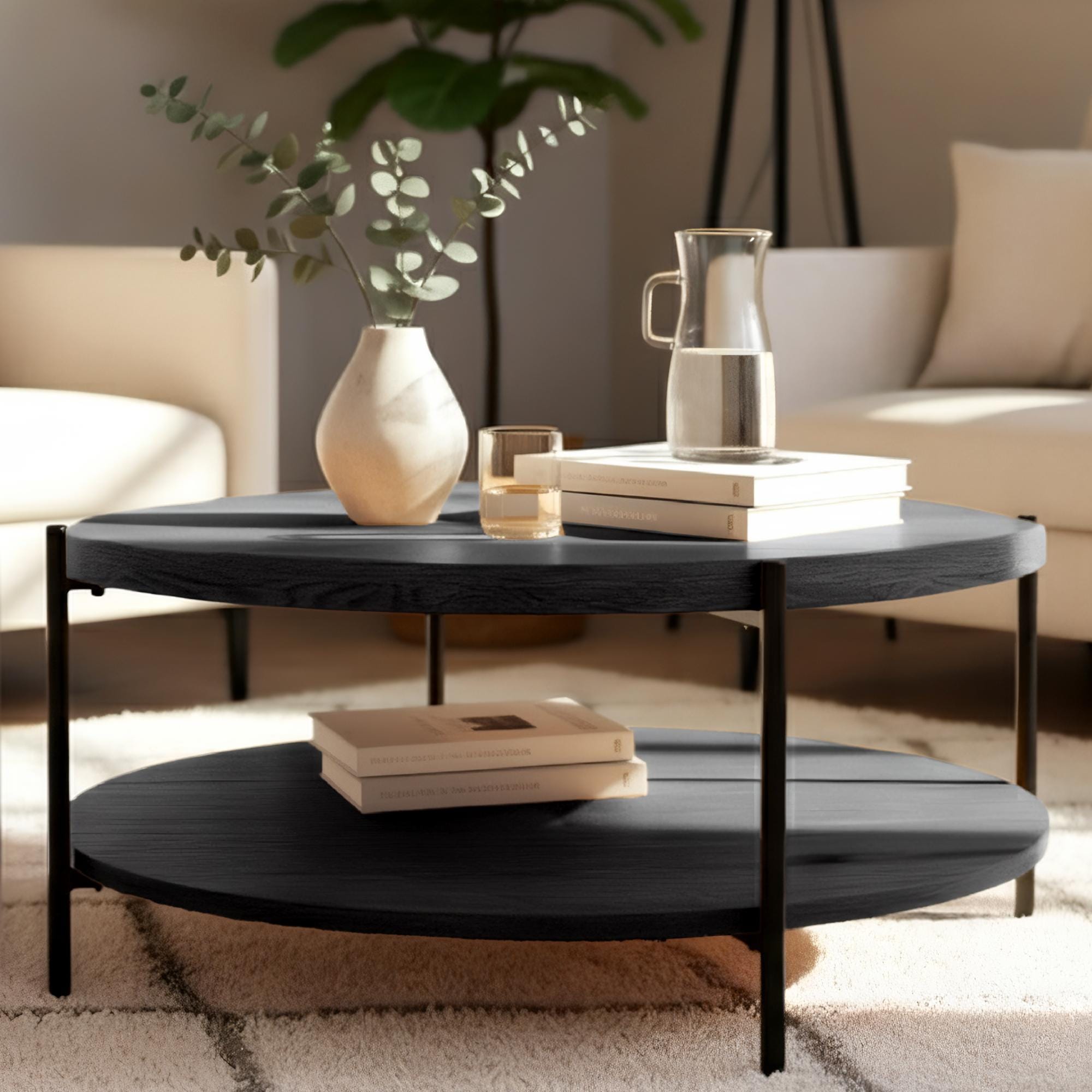 CLP Couchtisch rund Holz Edduma, Sofatisch 2 Ebenen mit Stauraum, Beistelltisch klein Metallgestell schwarz - Bild 1