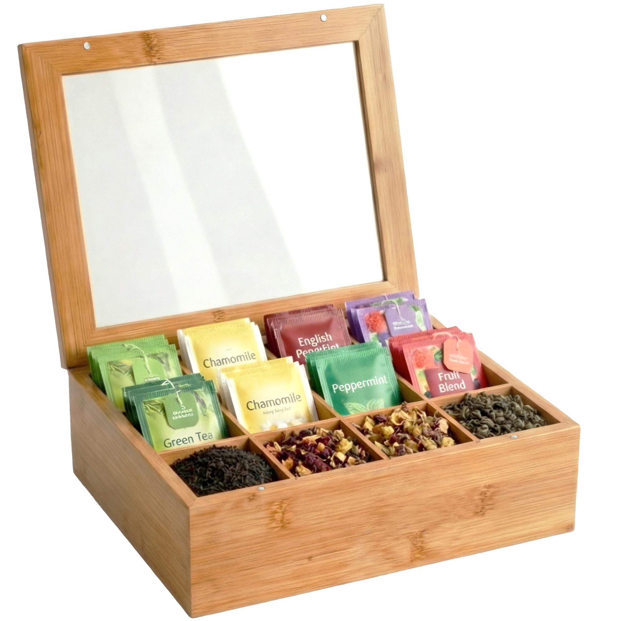 CLP Teebox f&uuml;r Teebeutel Holz Laprino, Teeaufbewahrung aus Bambus, Teekiste mit 12 F&auml;chern, Deckel mit Sichtfenster und Magnetverschluss - Bild 1
