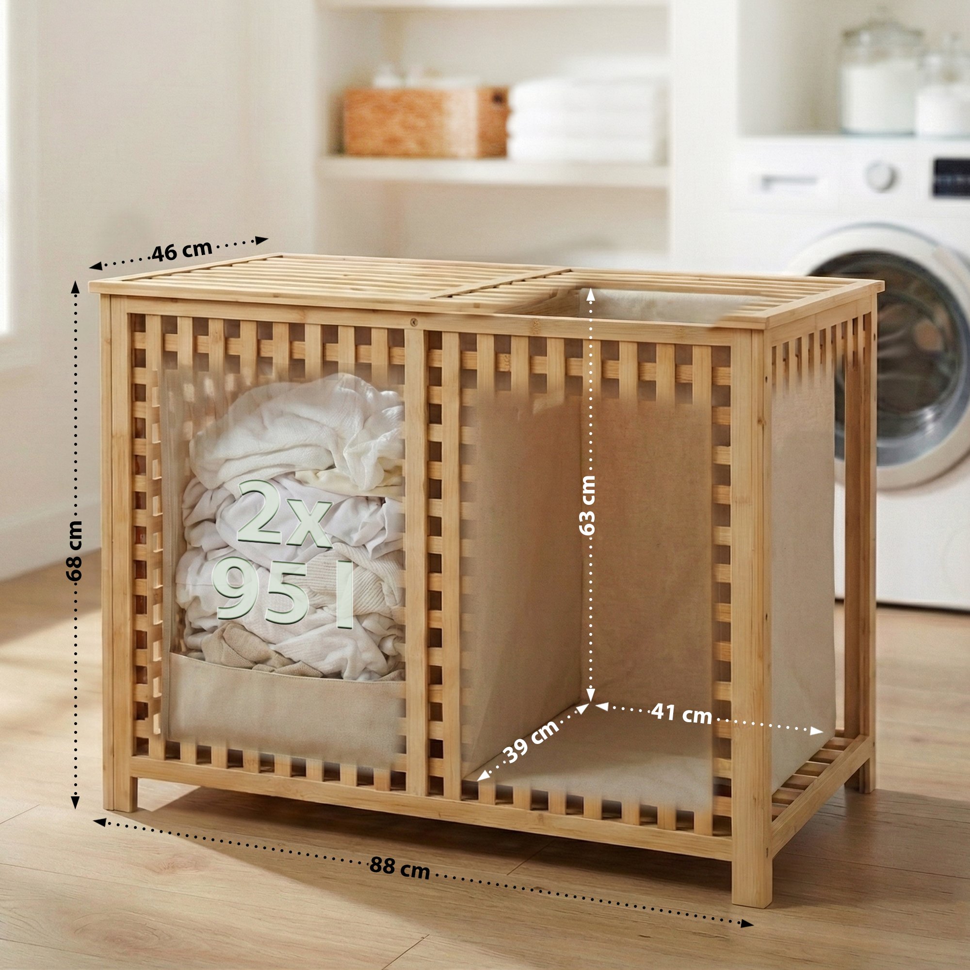 CLP Wäschebox für Schmutzwäsche 2 Fächer Dorothea, Wäschesammler Holz Wäschesäcke waschbar herausnehmbar, Bambusrahmen für Badezimmer online kaufen bei Netto