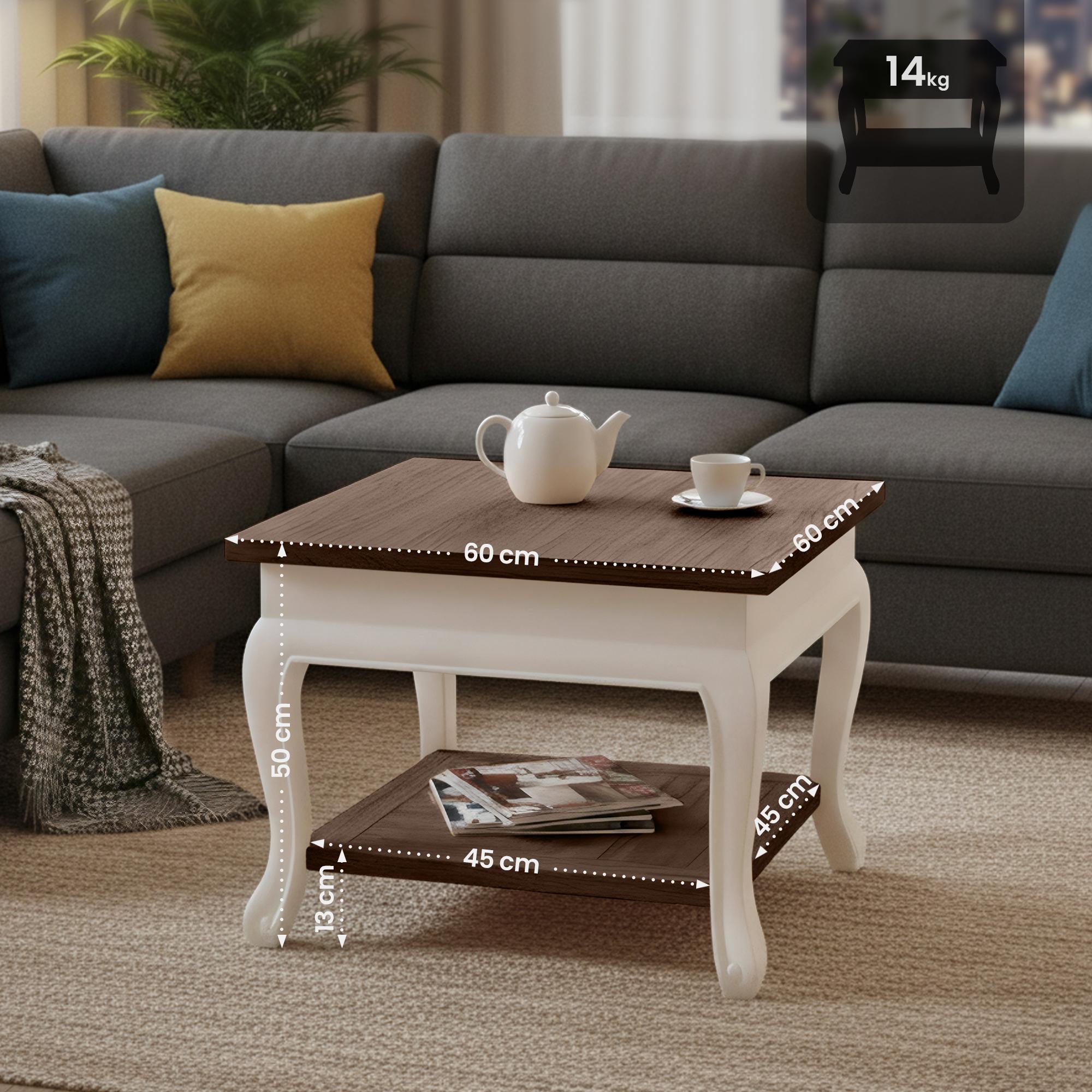 CLP Couchtisch Holz quadratisch 60x60 cm Thordis, Sofatisch mit 2 Ebenen mit Stauraum, Beistelltisch klein Shabby Chic rustikal online kaufen bei Netto