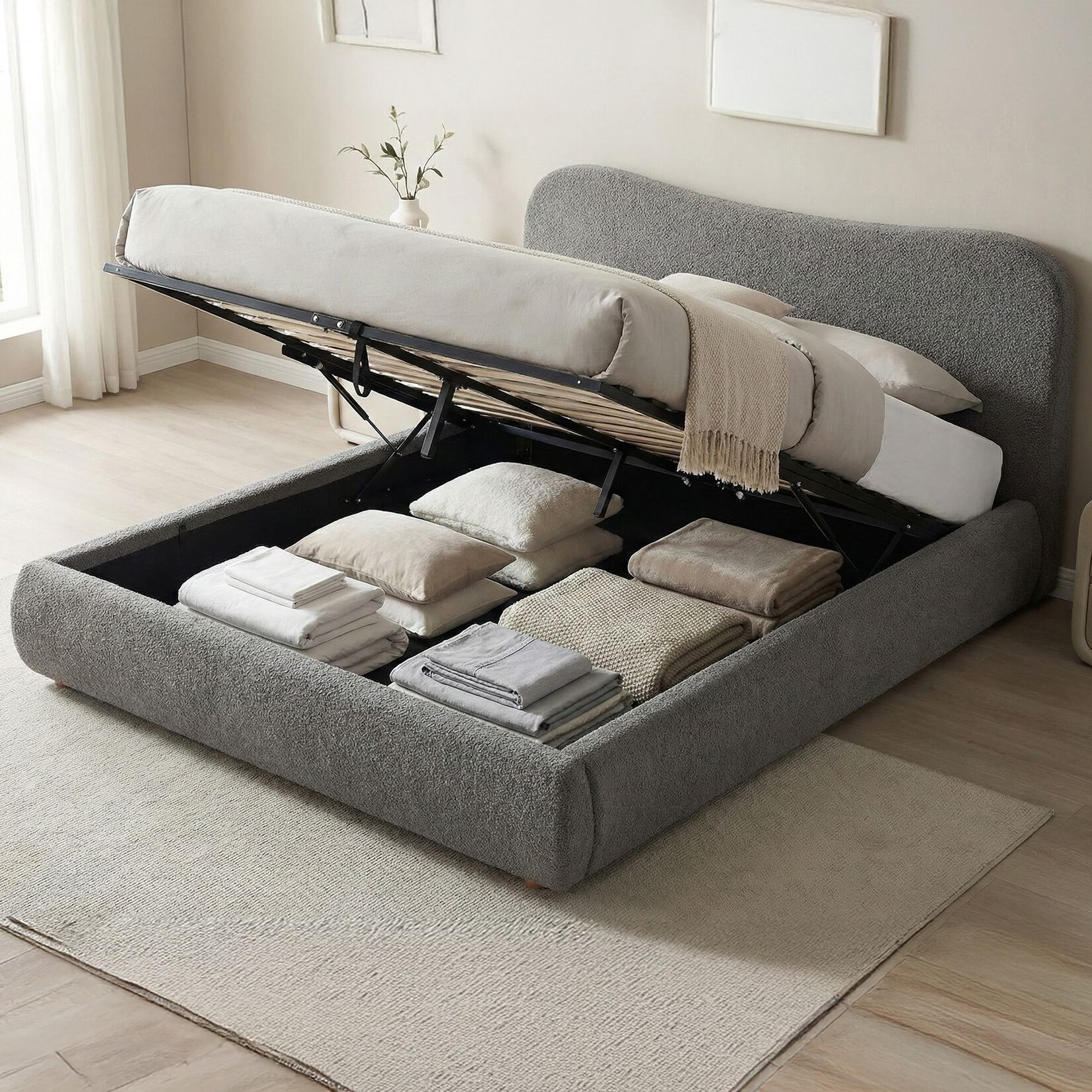 CLP Polsterbett mit Stauraum Maido, Bettgestell für Matratzen, Lattenrost mit Lift-Mechanismus, Doppelbett mit Teddystoff, bis 300 kg