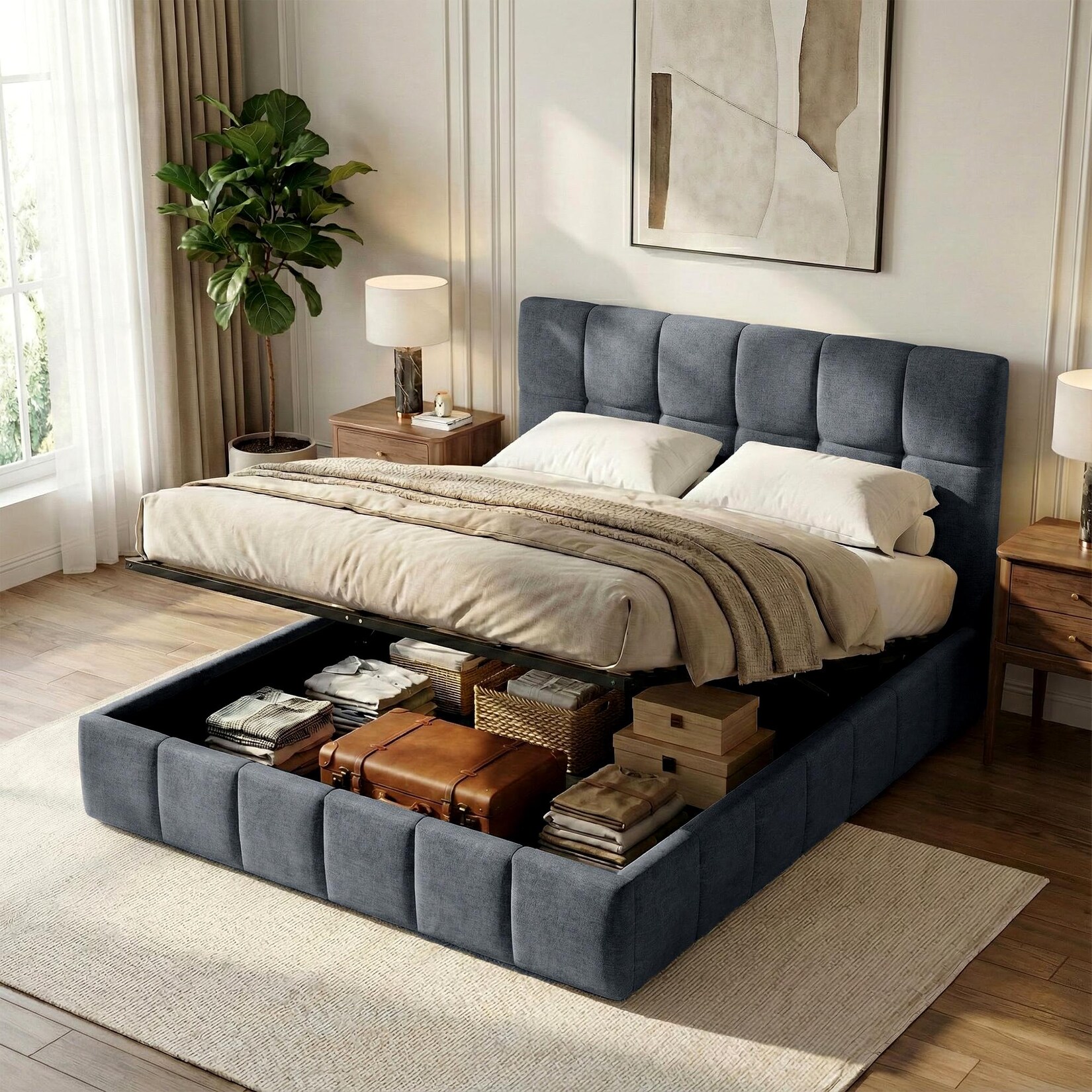 CLP Polsterbett mit Stauraum Ladia, Bettgestell für Matratzen, Lattenrost mit Lift-Mechanismus, Doppelbett mit Stoffbezug, bis 300 kg