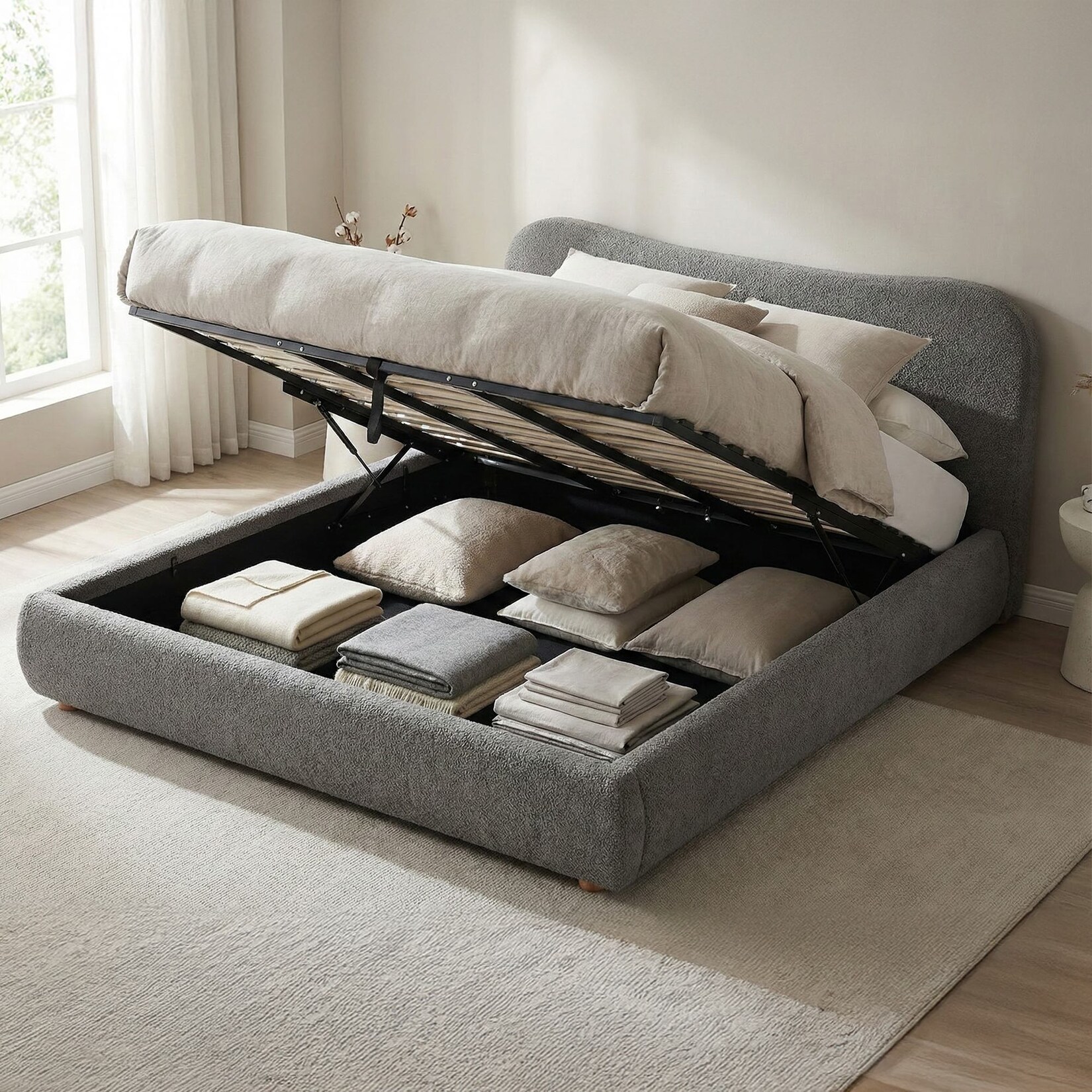 CLP Polsterbett mit Stauraum Maido, Bettgestell für Matratzen, Lattenrost mit Lift-Mechanismus, Doppelbett mit Teddystoff, bis 300 kg