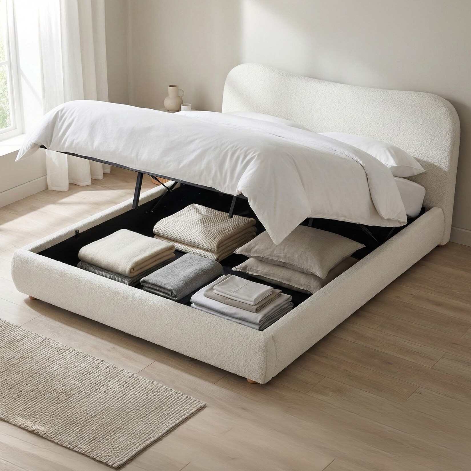 CLP Polsterbett mit Stauraum Maido, Bettgestell für Matratzen, Lattenrost mit Lift-Mechanismus, Doppelbett mit Teddystoff, bis 300 kg