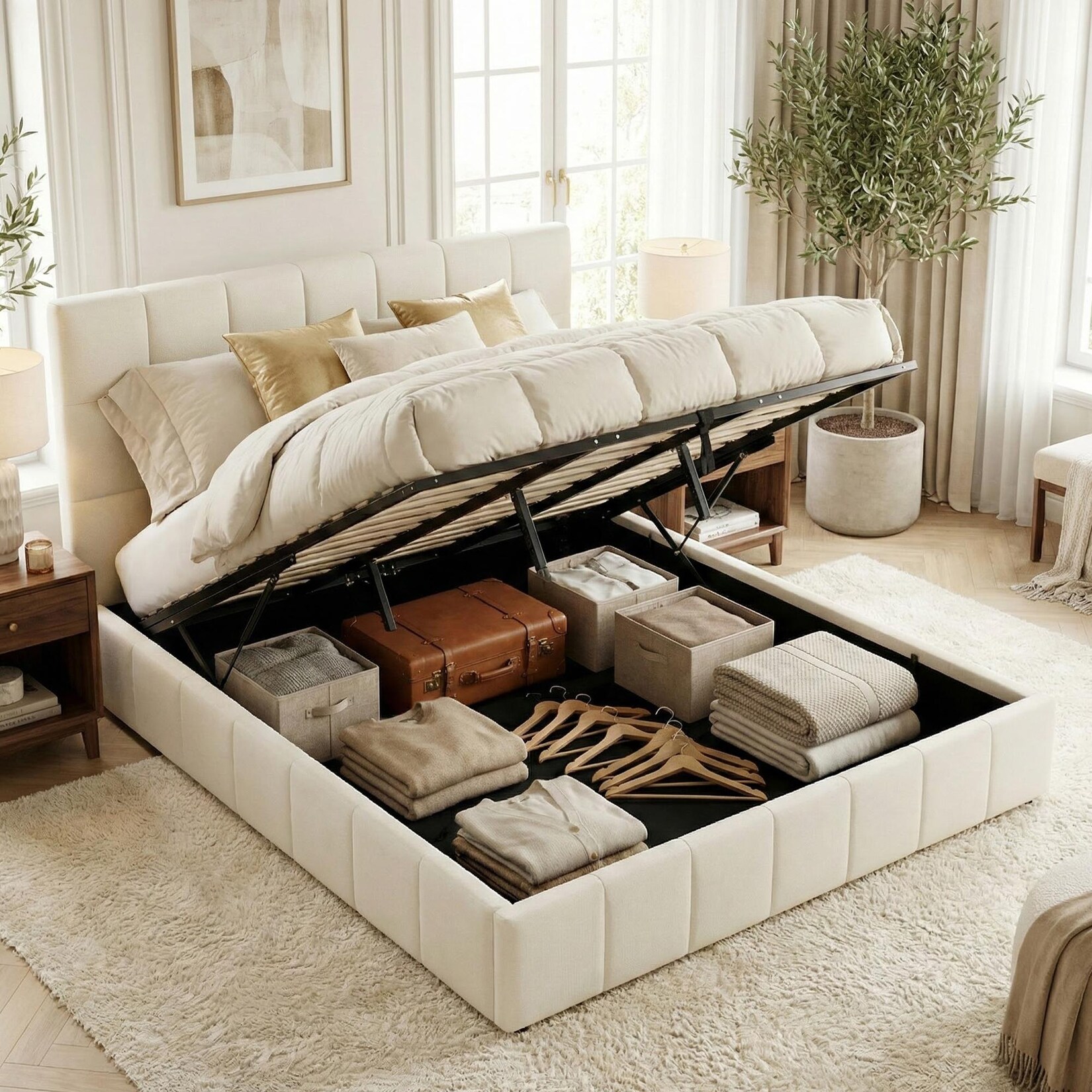 CLP Polsterbett mit Stauraum Ladia, Bettgestell für Matratzen, Lattenrost mit Lift-Mechanismus, Doppelbett mit Stoffbezug, bis 300 kg