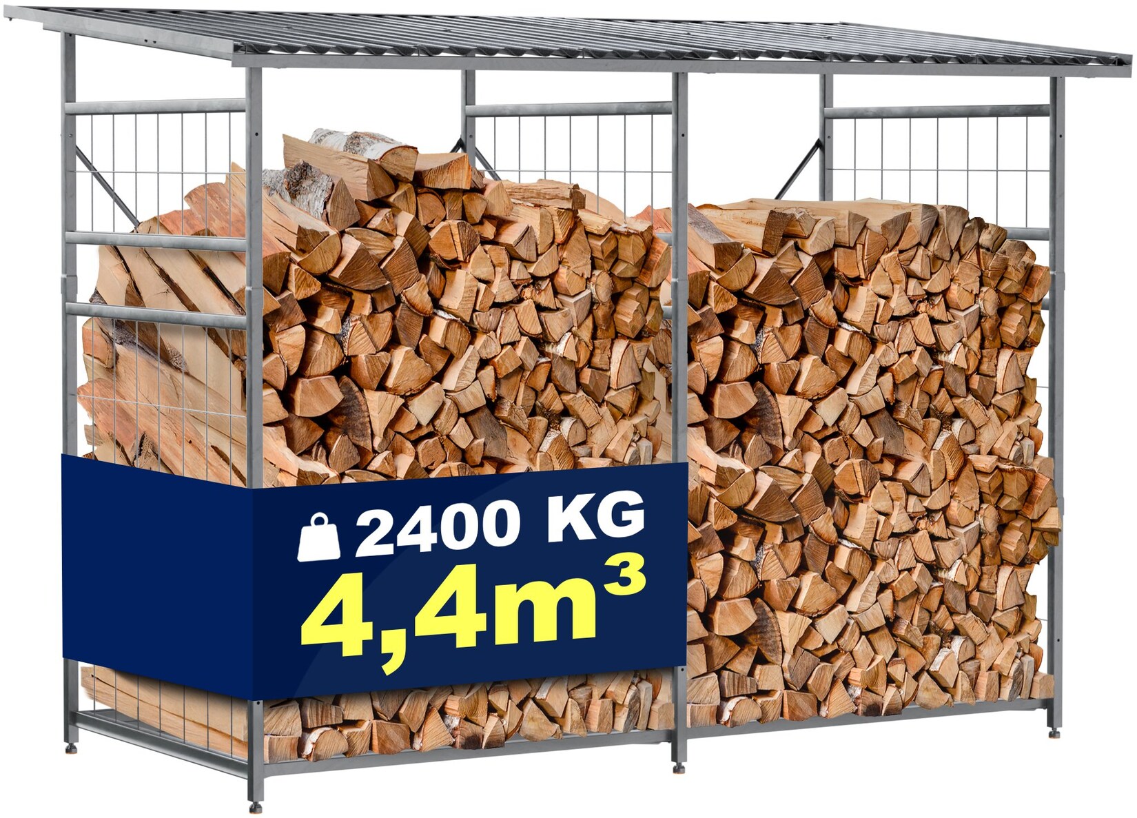CLP Brennholzregal Macon, wetterfest mit Dach frei wählbarer Neigung, feuerverzinkter Stahl für 2,2m³ oder 4,4m³ Kaminholz