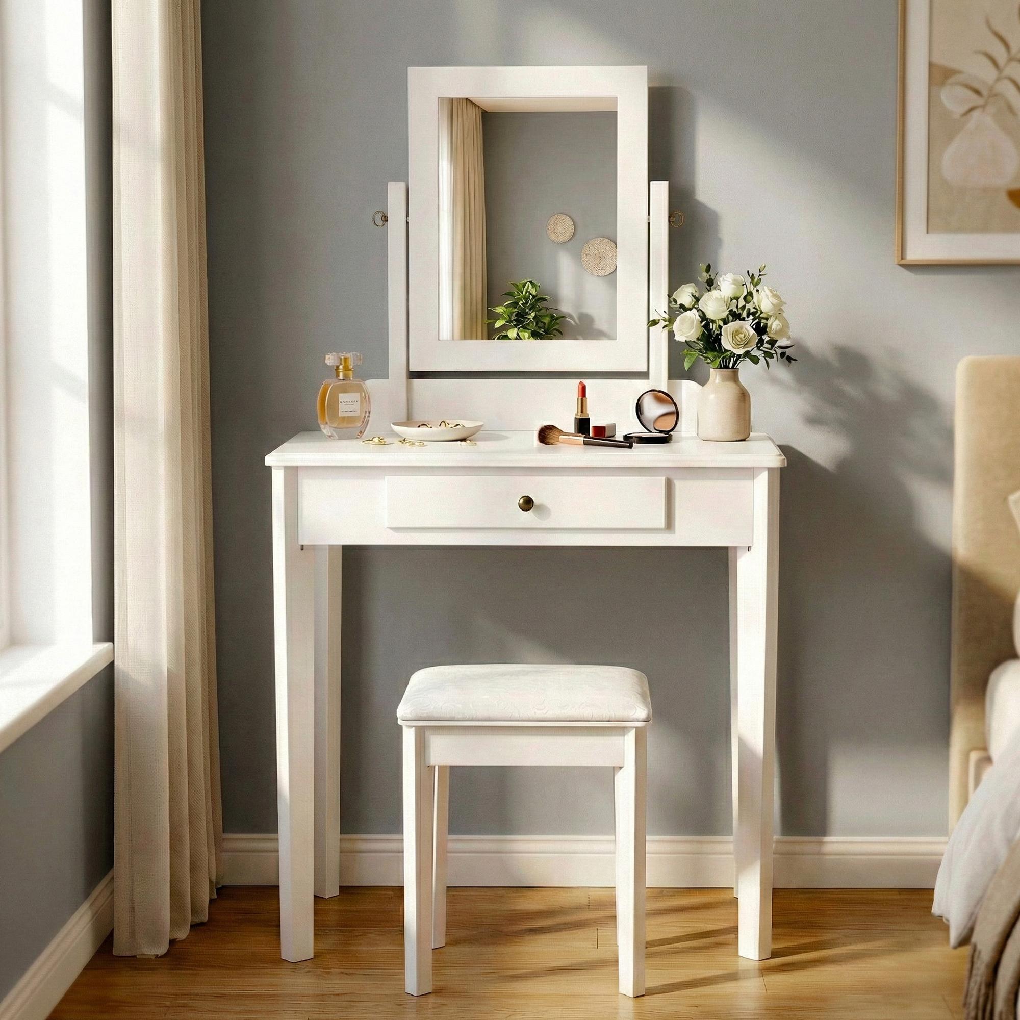 CLP Schminktisch Set mit Hocker und Spiegel Velia, Kosmetiktisch mit Schublade, Sitz gepolstert, Gestell aus Pappelholz - Bild 1