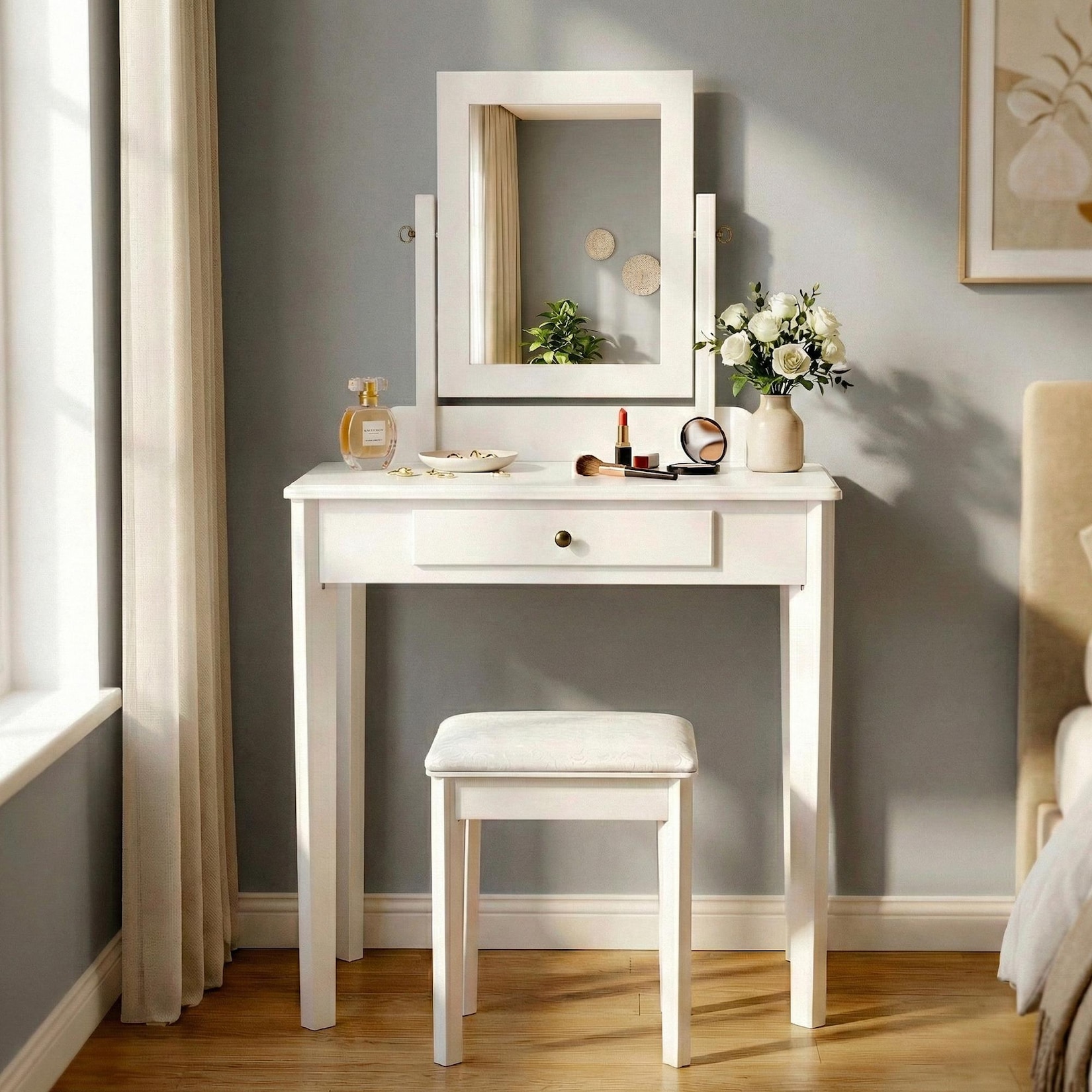 CLP Schminktisch Set mit Hocker und Spiegel Velia, Kosmetiktisch mit Schublade, Sitz gepolstert, Gestell aus Pappelholz
