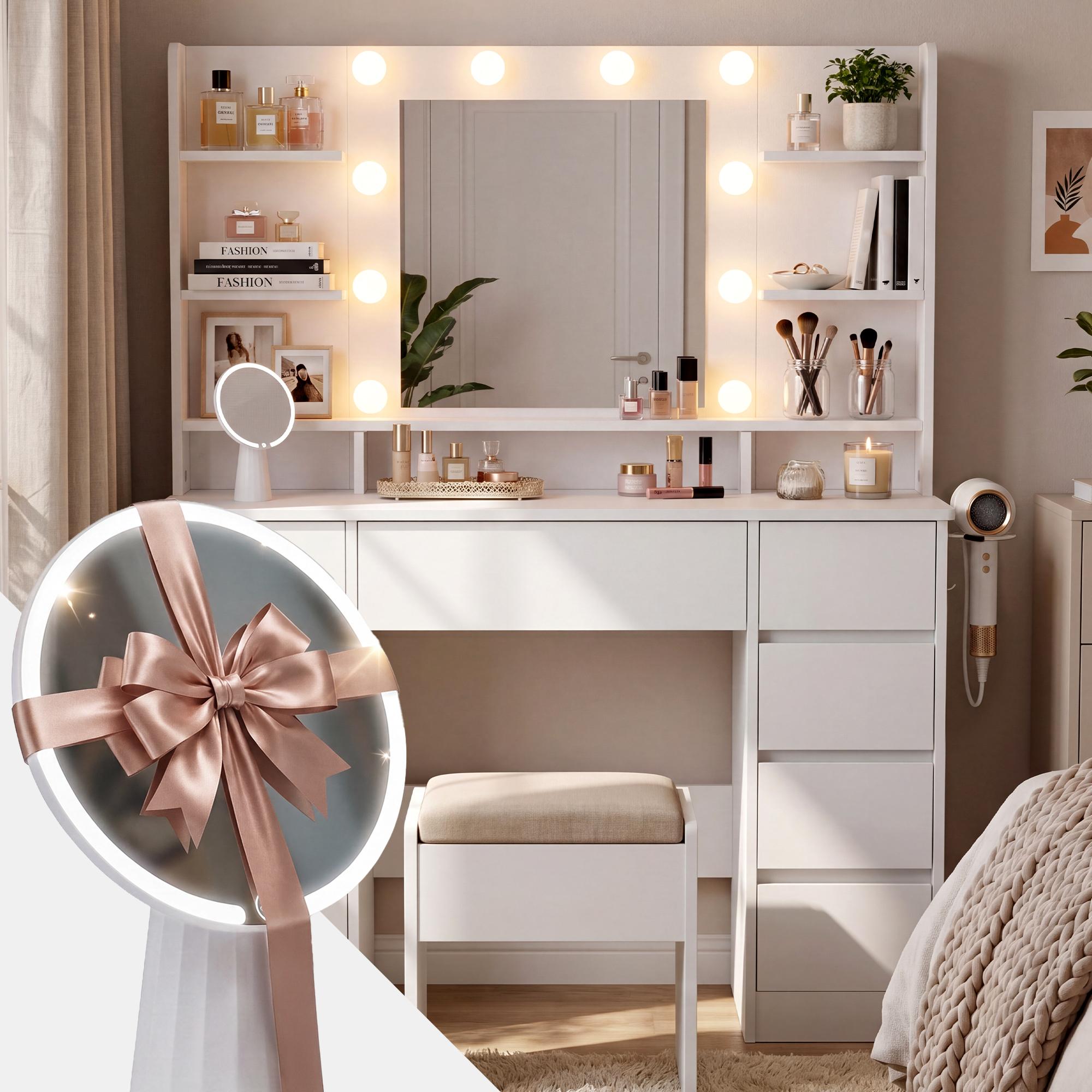 CLP Schminktisch mit Beleuchtung, Hollywoodspiegel mit dimmbarer LED, Frisiertisch Pretty inkl. Kosmetikspiegel und F&ouml;hnhalterung, 9 Schubladen - Bild 1
