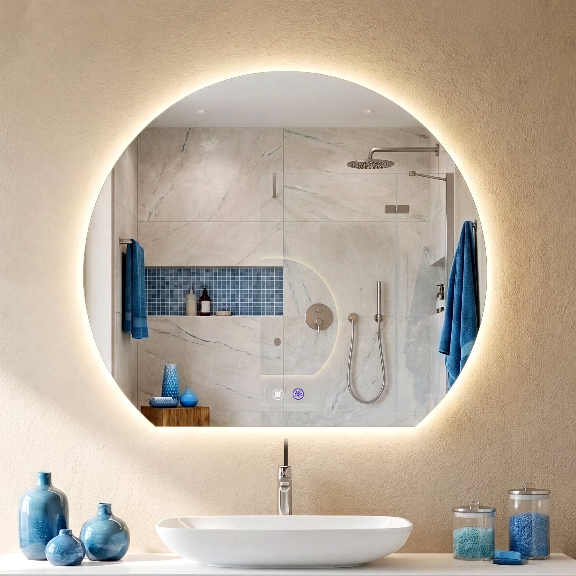 CLP Badspiegel mit LED-Beleuchtung halbrund, Badezimmerspiegel mit Touch-Dimmer, 3 Lichtfarben, beschlagfrei, rahmenloser Wandspiegel Baloni - Bild 1