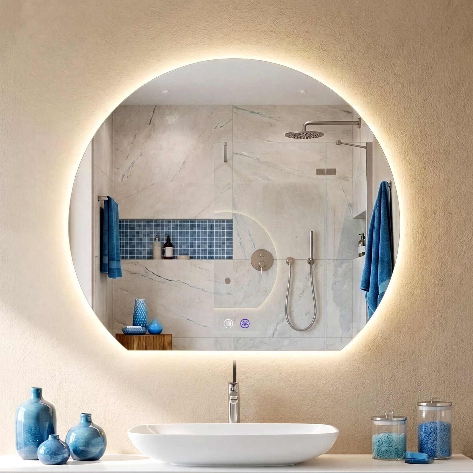 CLP Badspiegel mit LED-Beleuchtung halbrund, Badezimmerspiegel mit Touch-Dimmer, 3 Lichtfarben, beschlagfrei, rahmenloser Wandspiegel Baloni
