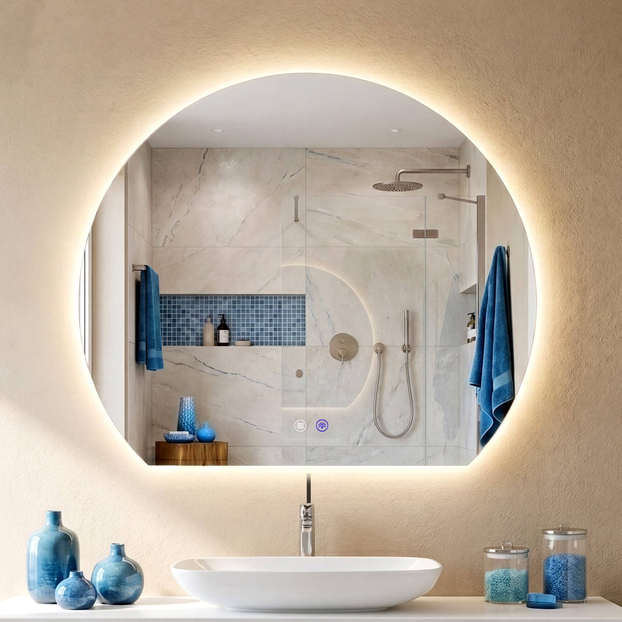 CLP Badspiegel mit LED-Beleuchtung halbrund, Badezimmerspiegel mit Touch-Dimmer, 3 Lichtfarben, beschlagfrei, rahmenloser Wandspiegel Baloni - Bild 1