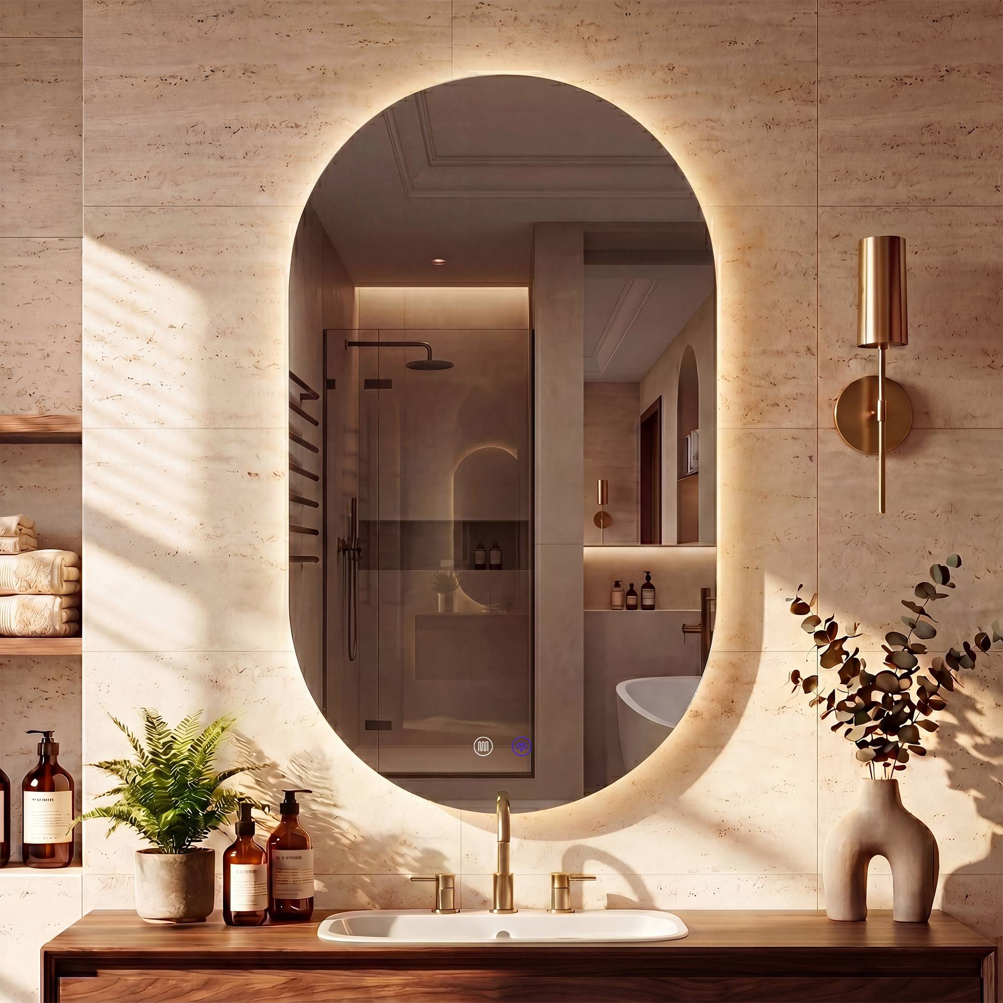CLP Badspiegel mit LED-Beleuchtung oval, Badezimmerspiegel mit Touch-Dimmer, 3 Lichtfarben, beschlagfrei, rahmenloser Wandspiegel Barbora - Bild 1