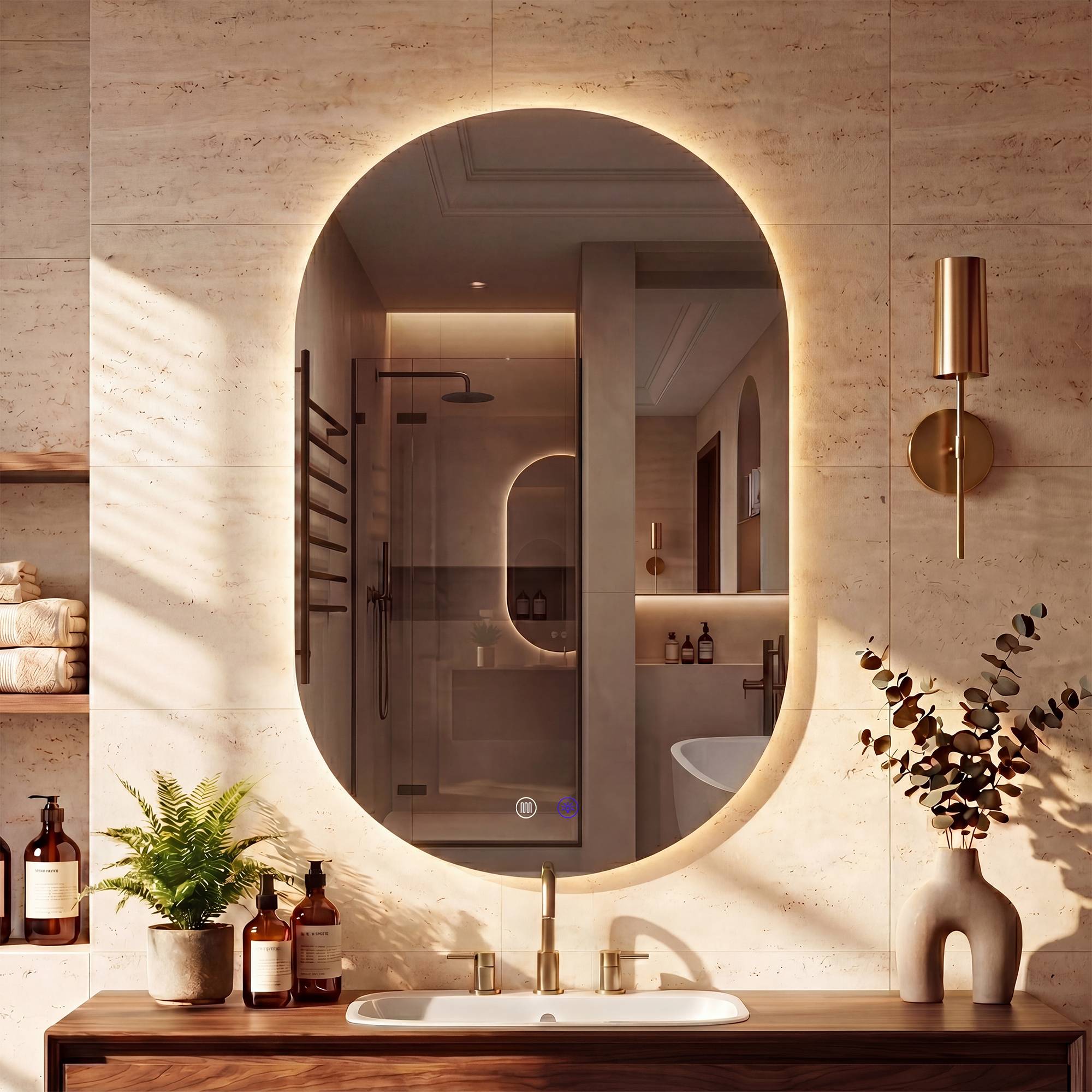 CLP Badspiegel mit LED-Beleuchtung oval, Badezimmerspiegel mit Touch-Dimmer, 3 Lichtfarben, beschlagfrei, rahmenloser Wandspiegel Barbora - Bild 1