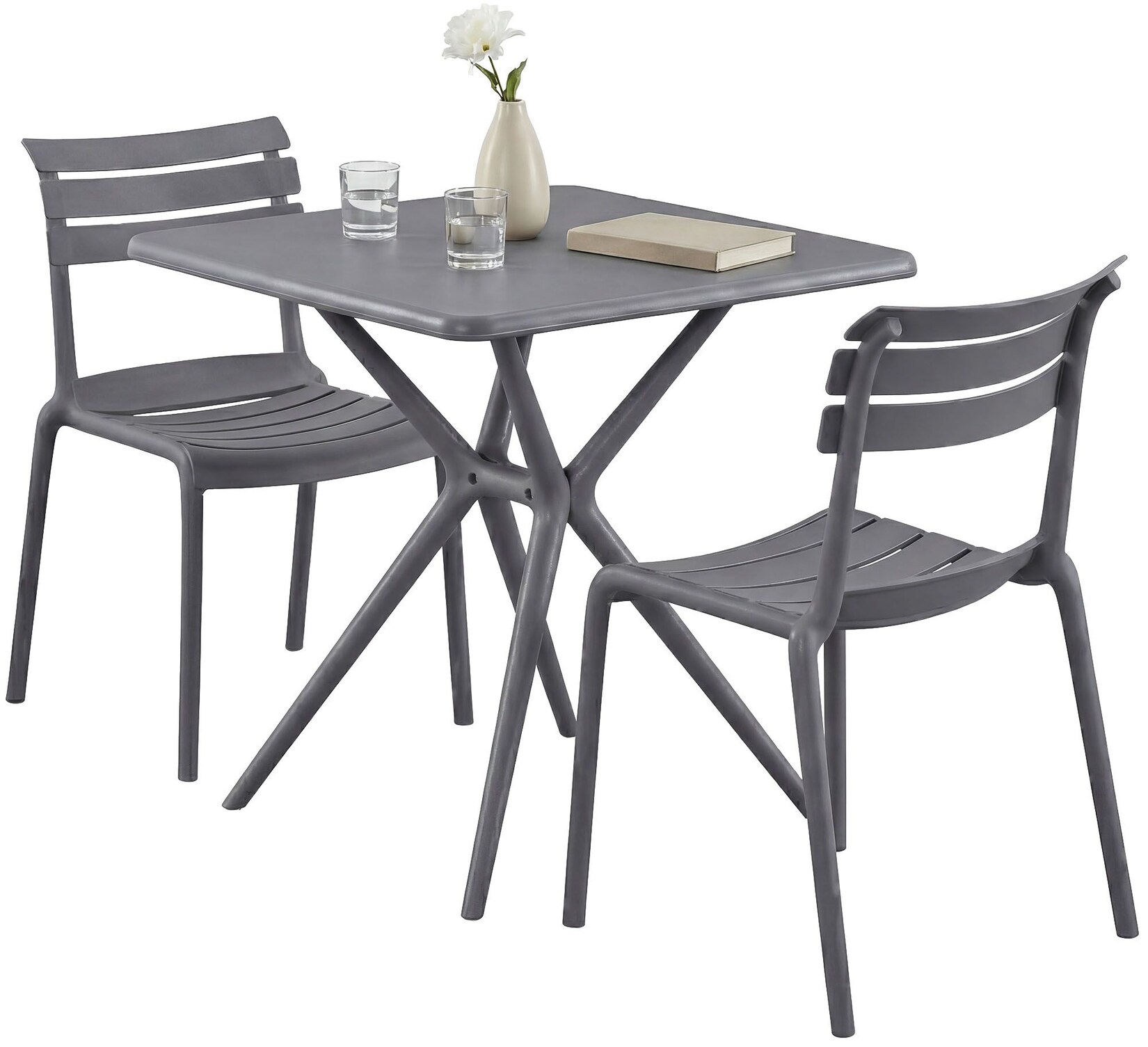 CLP Gartenmöbel-Set wetterfest Vela, mit 2 Stapelstühlen und quadratischem Esstisch 72x72cm, Sitzgruppe für Balkon, Terrasse und Garten