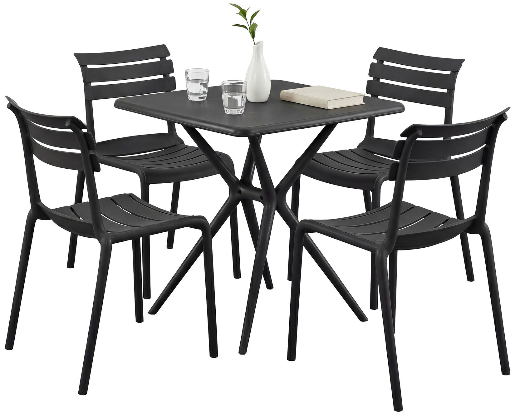 CLP Gartenmöbel-Set wetterfest Vela, mit 4 Stapelstühlen und quadratischem Esstisch 72x72cm, Sitzgruppe für Balkon, Terrasse und Garten