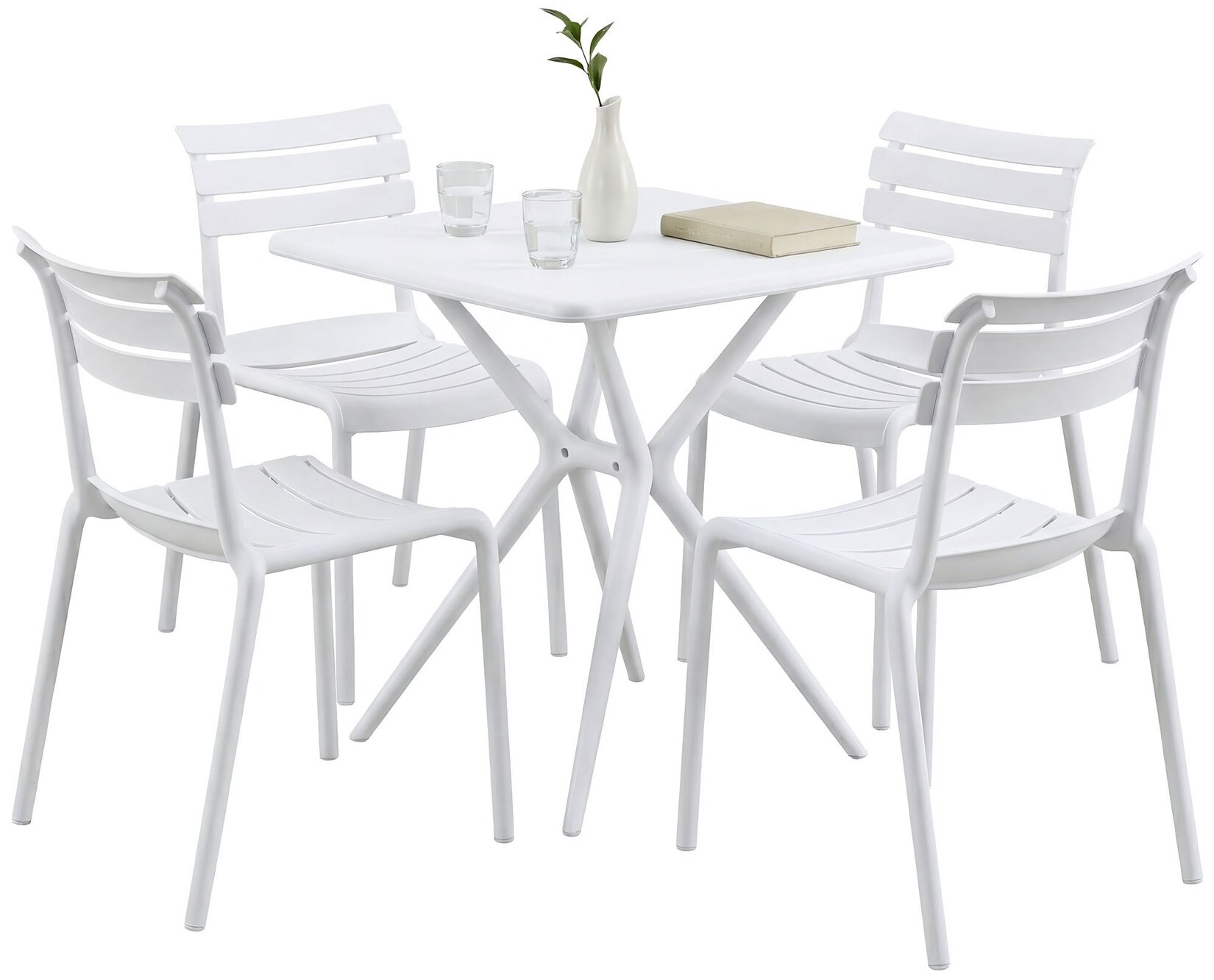 Gartenmöbel-Set wetterfest Vela, mit 4 Stapelstühlen und quadratischem Esstisch 72x72cm, Sitzgruppe für Balkon, Terrasse und Garten