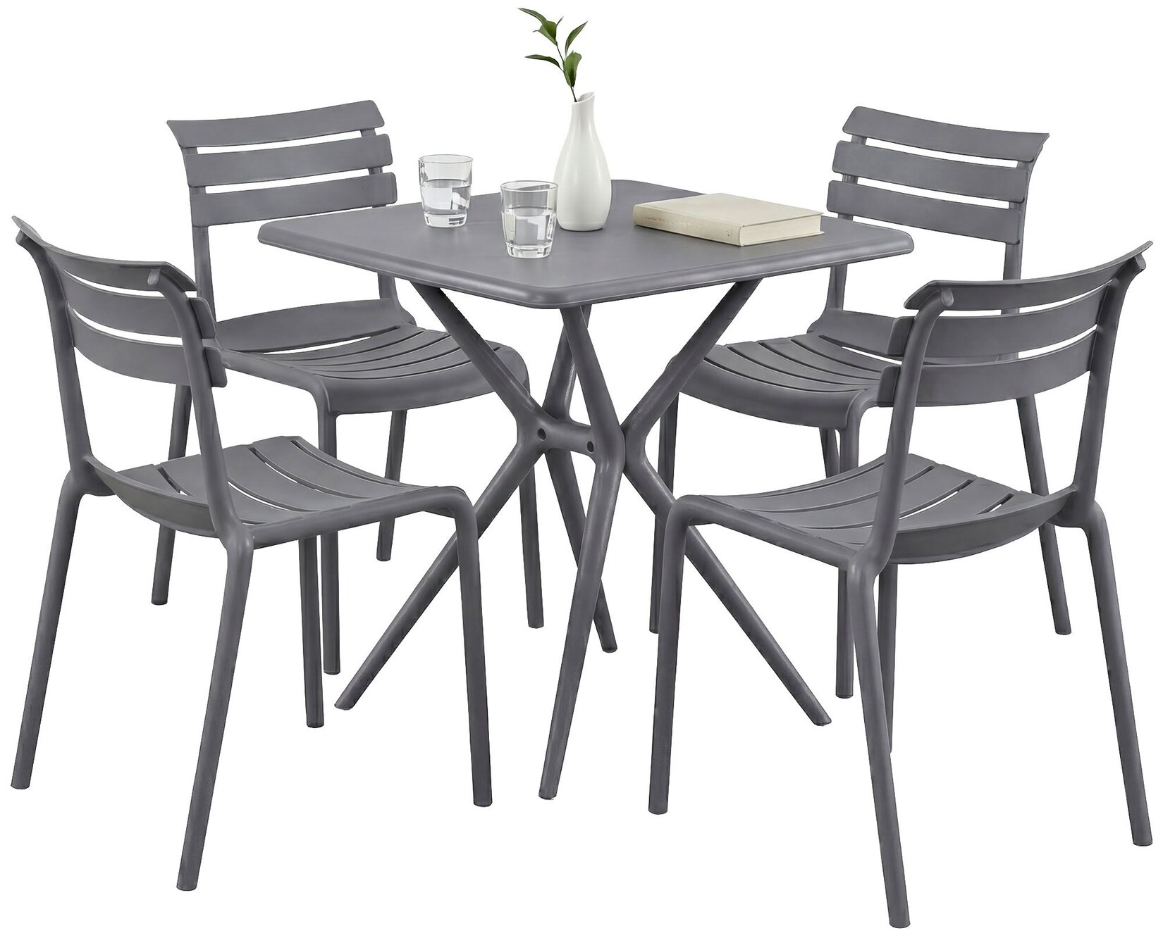 CLP Gartenmöbel-Set wetterfest Vela, mit 4 Stapelstühlen und quadratischem Esstisch 72x72cm, Sitzgruppe für Balkon, Terrasse und Garten