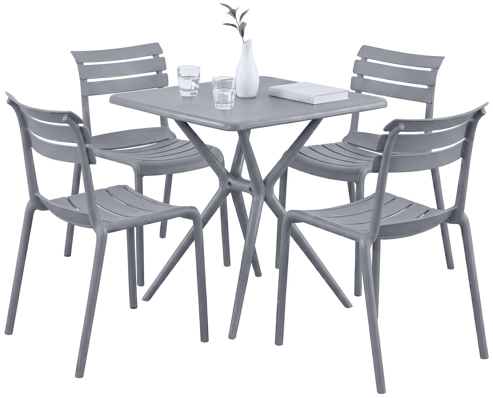 Gartenmöbel-Set wetterfest Vela, mit 4 Stapelstühlen und quadratischem Esstisch 72x72cm, Sitzgruppe für Balkon, Terrasse und Garten